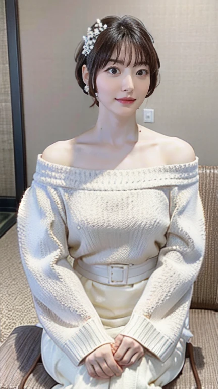 kana hanazawa,
One Woman,
Small flower petal hair ornament,
Natural skin texture,
White((Off-the-shoulder sweater)),
Upright posture,Sit on a bench,
((midnight)),Hotel,indoor,Sit on the bed,
Big Breasts,valley,expression(Straight face),Muscular shoulders,from the front,
Beautiful image quality,Delicate shades,4K,Very detailed,Delicate light adjustment,