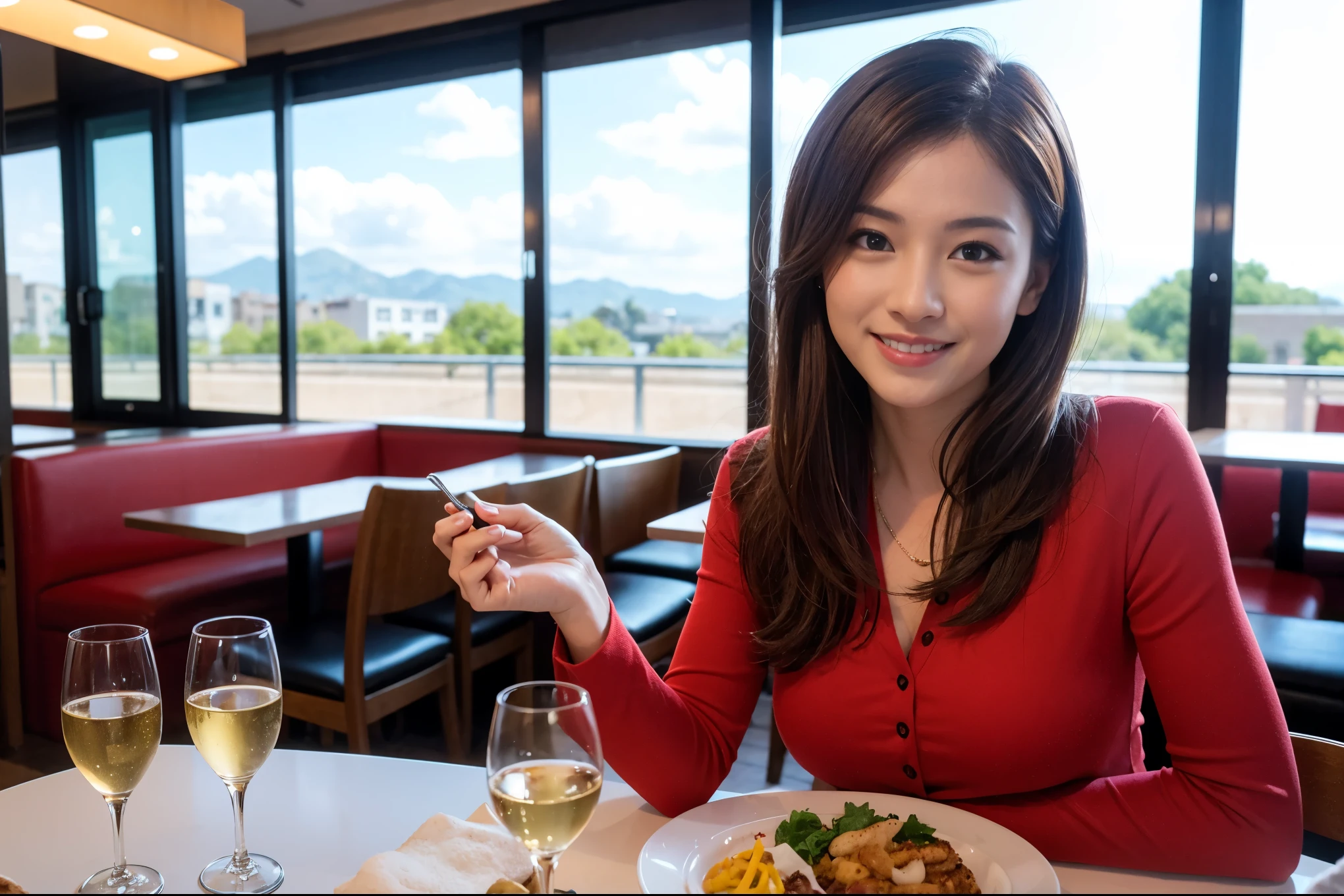 ((highest quality、8k、masterpiece:1.3))、1 male、1 female、Couple、Spouse、Couple、The body is slim、full-course dinner、((Bob Hale、Straight hair:1.2)), (Realistic, Intricate details:1.2), テーブルの上のwine glass、Shine light on your face、 Amazing view of the sunset sky and clouds、A bright smile、The wonderfulness of smile、Bright image、The beauty of wine, Beautiful Face, blue eyes, The light shines on your face, Blushing, short hair,Bright Face、 (Age 37), 39 years old, red wine 、Appetizers、Italian food、Wine bottle、Champagne、sparkling wine、Two beauties、Brown Hair、Shortcuts、Long sleeve shirt、dress、Pretty Woman 1, (slimな顔), (The body is slim), (Brown Hair), (Shortcuts), cheeks turn a little red,Attractive beauty、restaurant, In a prominent place (From the waist up) Nova Frog Style, actress, model, Upper Body, White wine, slim, wine glass, 中央に置かれたwine glass, smile, (smile: 1.15), Beautiful fine grain, Depth f/2,saturation, High Contrast, Strong light and shadow,Moist Body:1.5、3D texture、Delicate eyes、Brown Hair、The hair is very shiny、