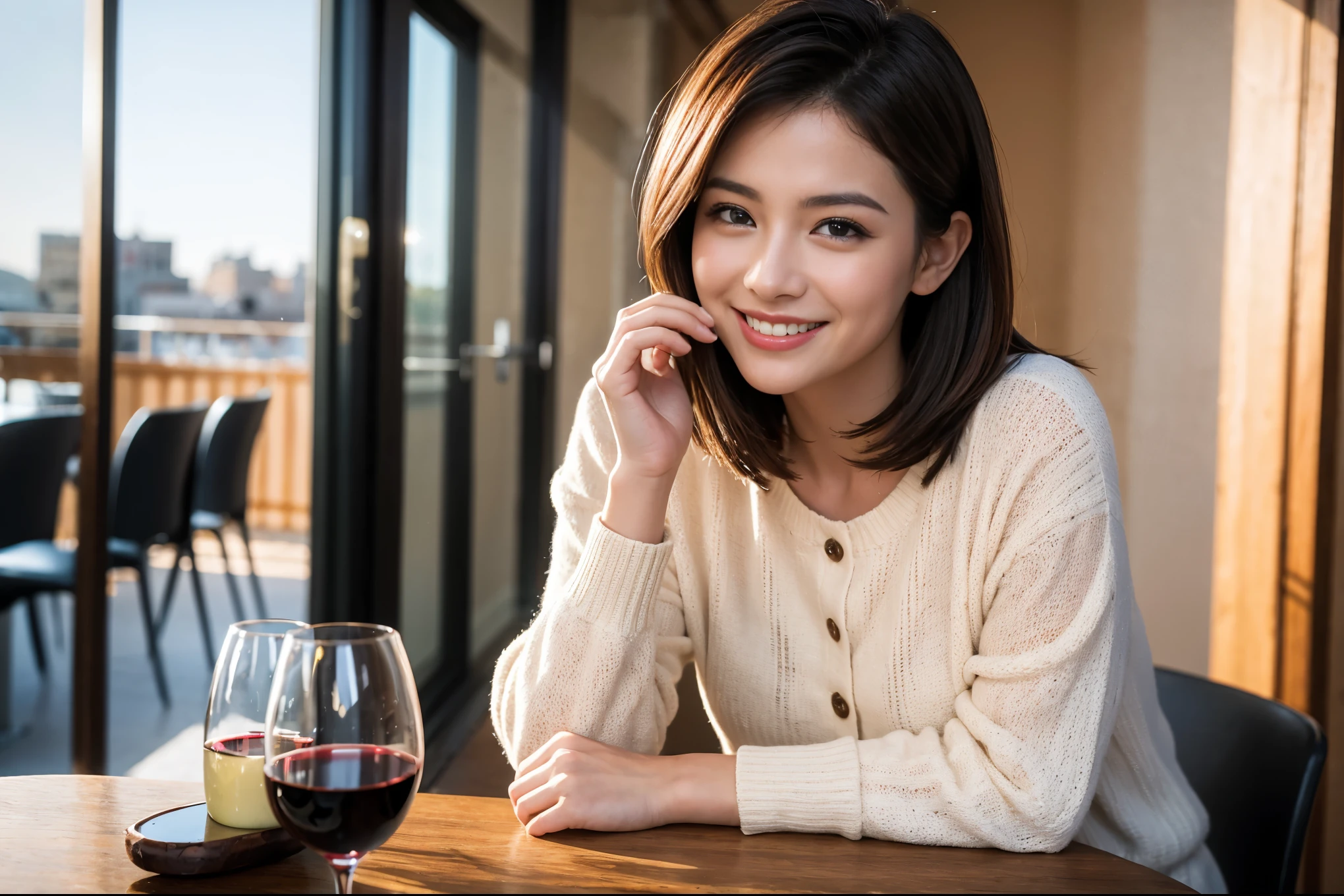 ((highest quality、8k、masterpiece:1.3))、1 male、1 female、Couple、Spouse、Couple、The body is slim、full-course dinner、((Bob Hale、Straight hair:1.2)), (Realistic, Intricate details:1.2), テーブルの上のwine glass、Shine light on your face、 Amazing view of the sunset sky and clouds、A bright smile、The wonderfulness of smile、Bright image、The beauty of wine, Beautiful Face, blue eyes, The light shines on your face, Blushing, short hair,Bright Face、 (Age 37), 39 years old, red wine 、Appetizers、Italian food、Wine bottle、Champagne、sparkling wine、Two beauties、Brown Hair、Shortcuts、Long sleeve shirt、dress、Pretty Woman 1, (slimな顔), (The body is slim), (Brown Hair), (Shortcuts), cheeks turn a little red,Attractive beauty、restaurant, In a prominent place (From the waist up) Nova Frog Style, actress, model, Upper Body, White wine, slim, wine glass, 中央に置かれたwine glass, smile, (smile: 1.15), Beautiful fine grain, Depth f/2,saturation, High Contrast, Strong light and shadow,Moist Body:1.5、3D texture、Delicate eyes、Brown Hair、The hair is very shiny、