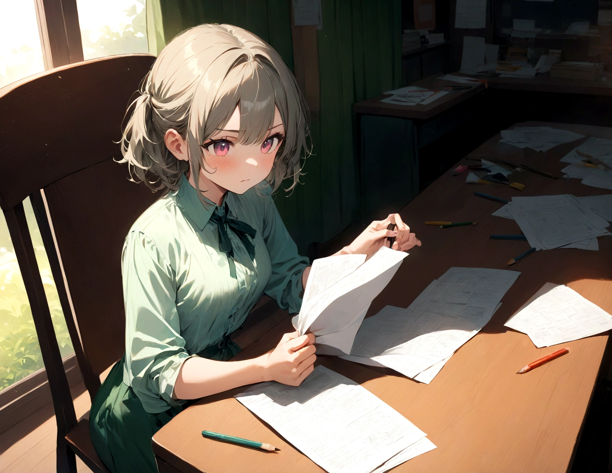 One 17-year-old female taking a paper test,focus on girls,She is a quiet and smart-looking cute girl.,A woman is sitting in a chair in front of a desk with a paper test on it.,There are pencils and erasers on the desk.,The girl is working on a paper test with a serious expression,The girl is looking at the paper test paper,The woman looks calm, but she is actually confused.,high school background,Draw an abstract background to show confusion,(Place a ? or distorted alphabet in the background),(masterpiece:1.3),(highest quality:1.4),(ultra detailed:1.5),High resolution,extremely detailed,unity 8k wallpaper,An illustration