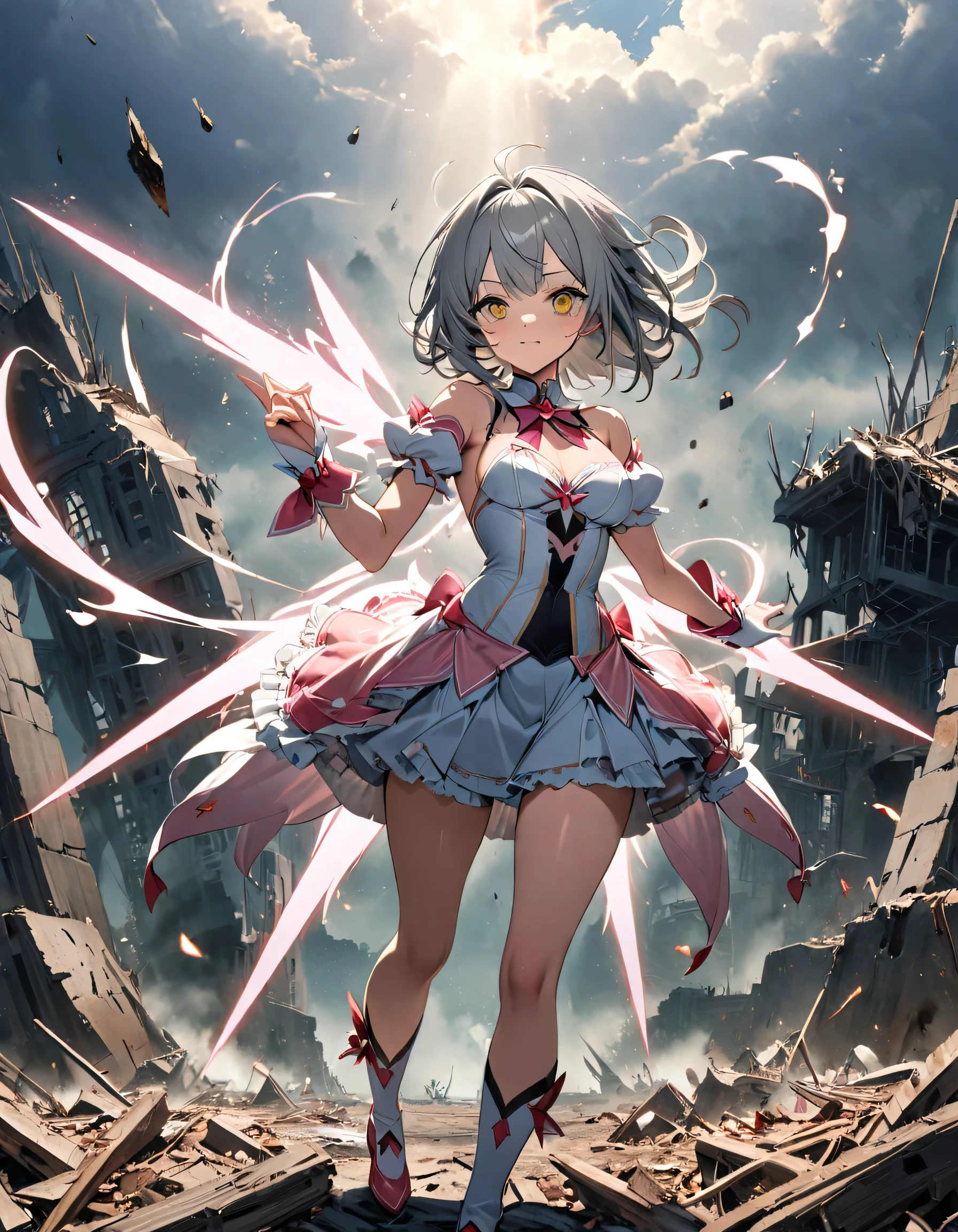 (Masterpiece, Best Quality, great, Highly detailed ajectar Unity、8k wallpaper, Depth-of-field, super fine-illustration:1.5)、3D, Extremely detailed, (Victorian maid cloth, mecha leg, mecha hand: 1.3), (1elf girl), sci-fi battlefield, hawken, Smile, Open mouth, short ponytail hair, (white blonde hair, Deep Blue Eyes:1.2), Sparkling eyes, Cute face, kawaii, Large breasts, delicate hair, disheveled hair, ((Flying high in the sky)),  (Symmetrical mechanical wing, Metallic colored mechanical wings that are widely expanded to the left and right so that they protrude greatly from the screen, headgear, white hair ornament), (Particles of light, Cinematic lighting: 1.3), (Thin pink lips: 0.8), by Yusuke Murata.