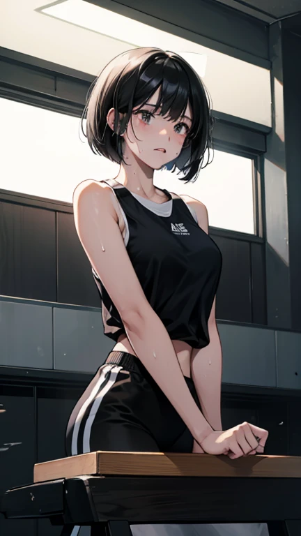 Bobcut、Black-haired 、Sweating at the gym、View from the gun、Desperate form、Sweaty、indoor、Many other guests、Wearing a jersey、No exposure、in motion、Grit your teeth、Get on the scales