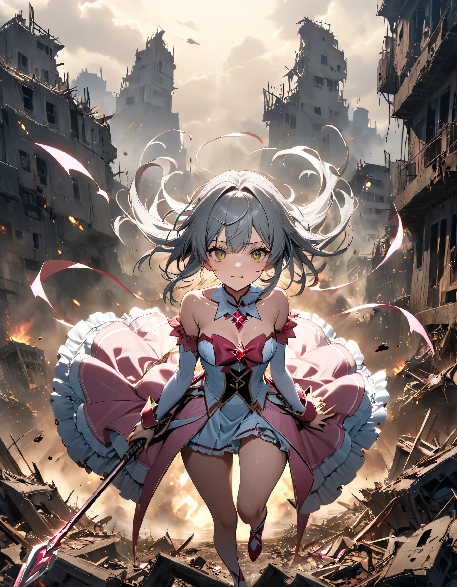 Portraiture, Long Hair, Gray Hair, Golden Eyes,  One girl, head, face, Magical girl, Absurd, masterpiece, highest quality, Magical girl costume, ((mahou shoujo)), short hair, Devastation, Remains, Dynamic pose, Apocalypse, Spell casting, Style-Glass, Full Body Shot