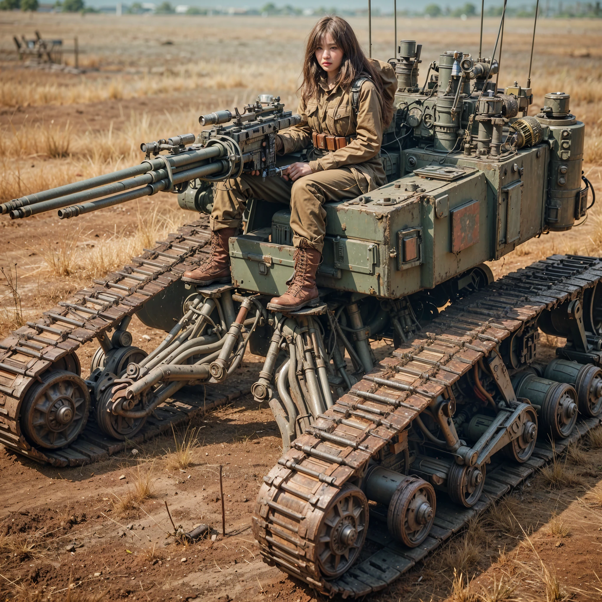 ((super intricate all details)),((super realistic all textures)),Overall photo of a female soldier sitting on a piece of fictional WWII Japanese military type weapon, beautiful face, dirty clothes, very intricate details, olive drab paint, peeling paint, weathering, rust, taken with Fuji film X-T30+Nokton. HDR10