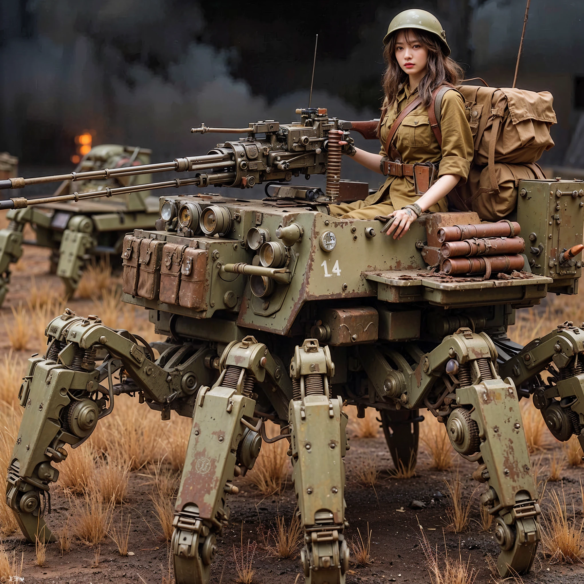 ((super intricate all details)),((super realistic all textures)),Overall photo of a female soldier sitting on a piece of fictional WWII Japanese military type weapon, beautiful face, dirty clothes, very intricate details, olive drab paint, peeling paint, weathering, rust, taken with Fuji film X-T30+Nokton. HDR10