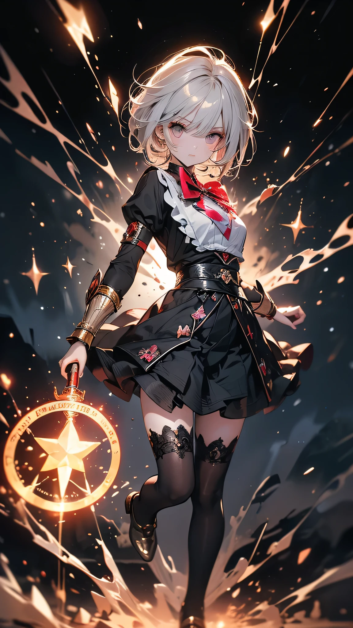 Portraiture, Long Hair, Gray Hair, Golden Eyes, One girl, head, face, Magical girl, Absurd, masterpiece, highest quality, Magical girl costume, ((mahou shoujo)), short hair, Devastation, Remains, Dynamic pose, Apocalypse, Spell casting, Style-Glass, Full Body Shot
