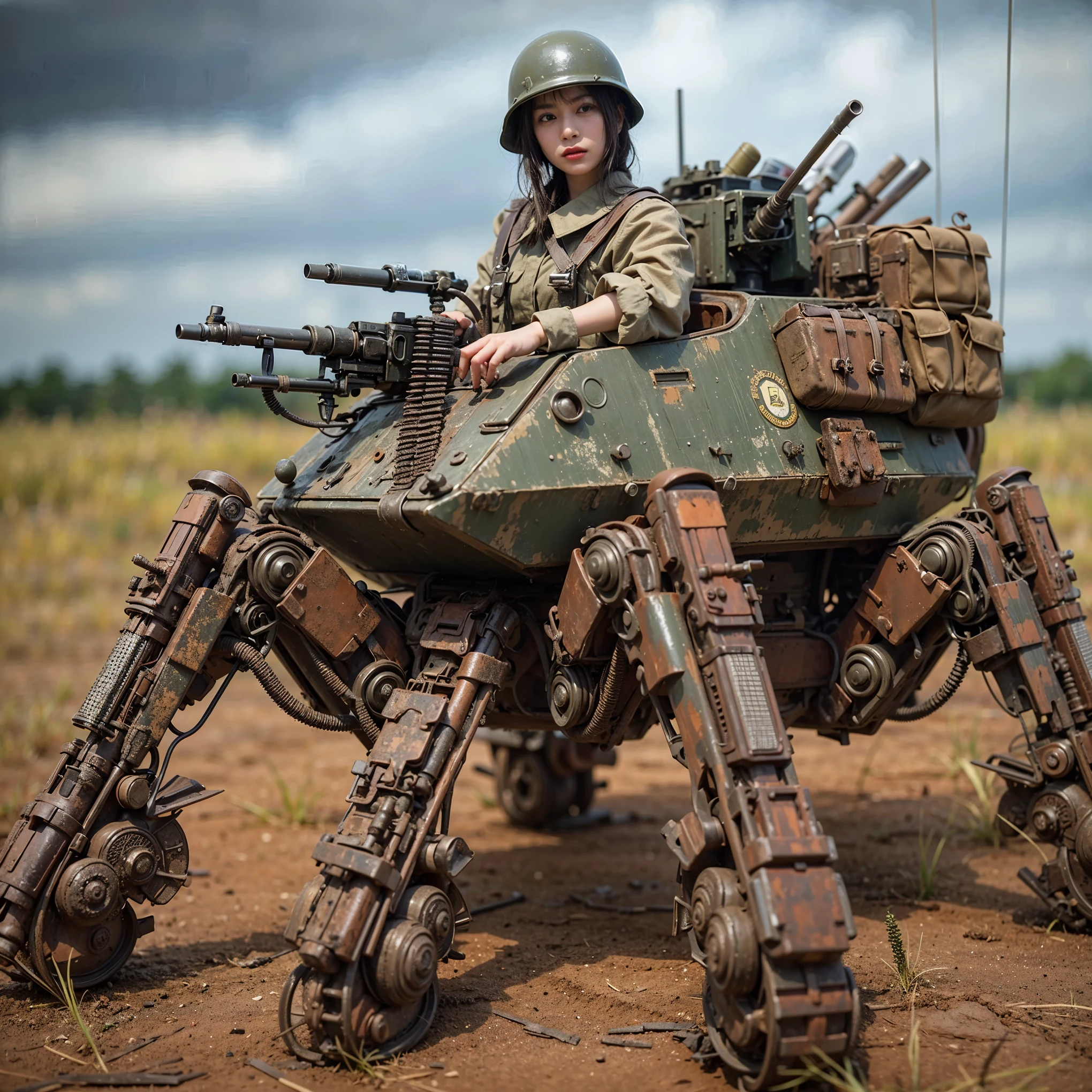 ((super intricate all details)),((super realistic all textures)),Overall photo of a female soldier sitting on a piece of fictional WWII Japanese military type weapon, beautiful face, dirty clothes, very intricate details, olive drab paint, peeling paint, weathering, rust, taken with Fuji film X-T30+Nokton. HDR10