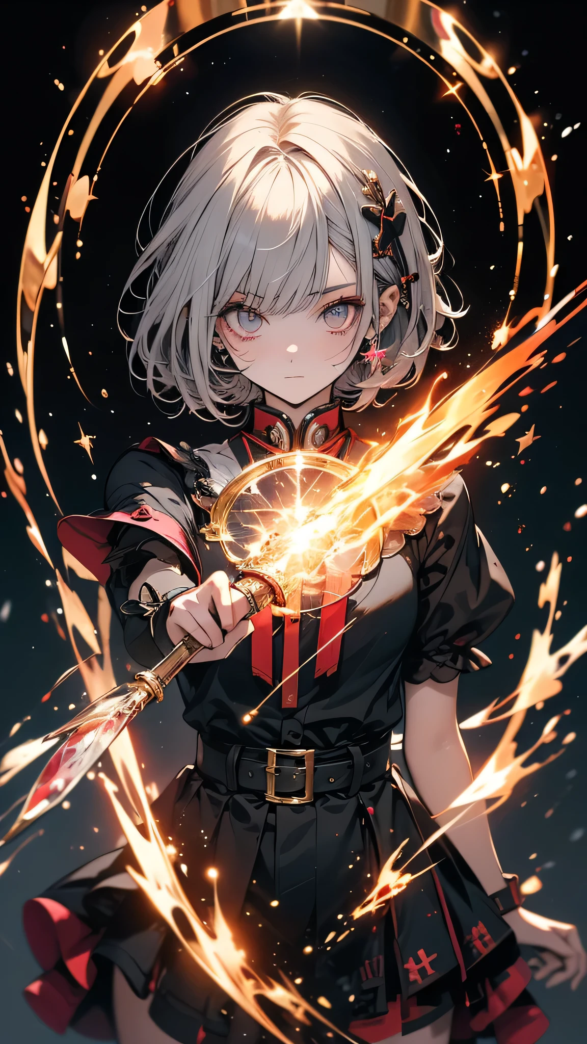 Portraiture, Long Hair, Gray Hair, Golden Eyes, One girl, head, face, Magical girl, Absurd, masterpiece, highest quality, Magical girl costume, ((mahou shoujo)), short hair, Devastation, Remains, Dynamic pose, Apocalypse, Spell casting, Style-Glass, Full Body Shot