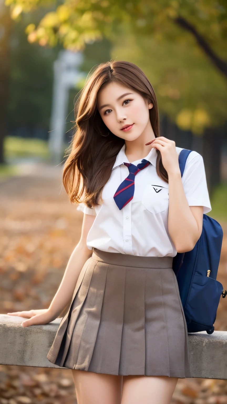 (highest quality, Natural light)、Stylish、Brown Hair, noon, detailed background、bad girl, Saucy、makeup、(((student、School uniform)))、Small breasts