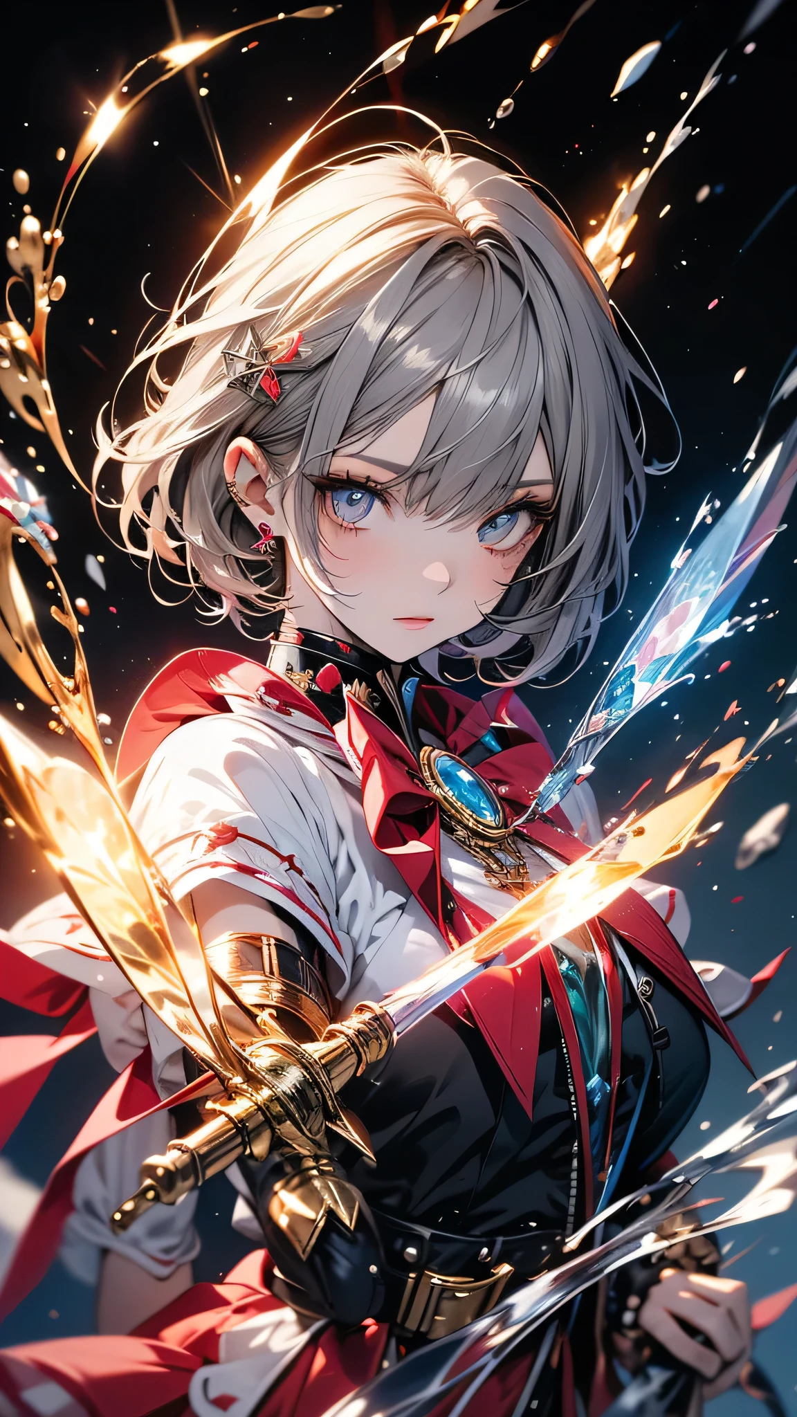 Portraiture, Long Hair, Gray Hair, Golden Eyes,  One girl, head, face, Magical girl, Absurd, masterpiece, highest quality, Magical girl costume, ((mahou shoujo)), short hair, Devastation, Remains, Dynamic pose, Apocalypse, Spell casting, Style-Glass, Full Body Shot
