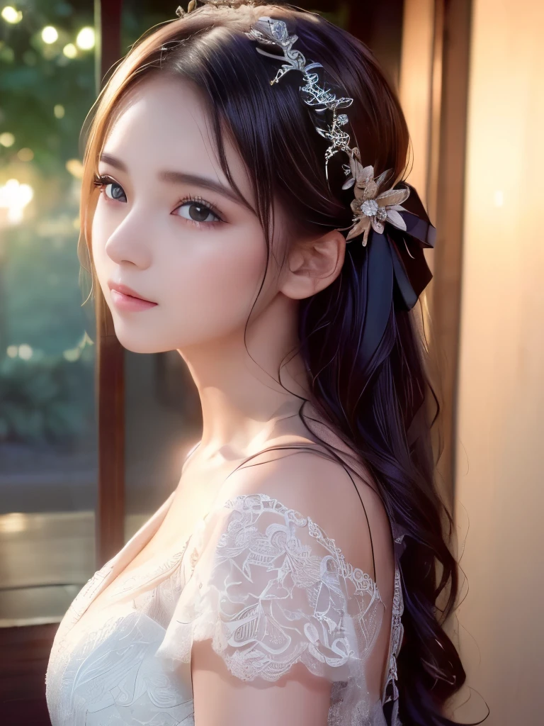 ((highest quality, 8K Raw Photo:1.5)), lace maxi dress, At the highland resort, Take in the view, Fresh breeze, (Ultra high definition, Highly detailed face and skin texture, Detailed eyes, double eyelid, Round eyes), Curious, with their eyes shining brightly,