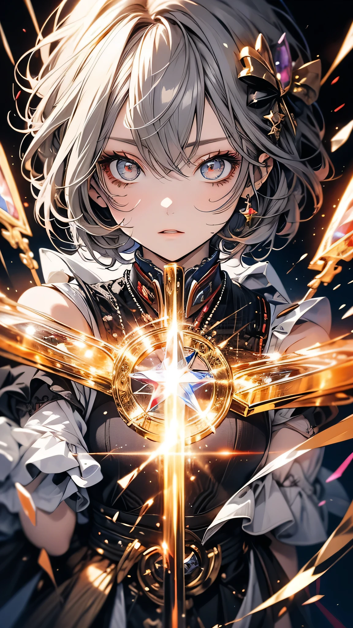 Portraiture, Long Hair, Gray Hair, Golden Eyes,  One girl, head, face, Magical girl, Absurd, masterpiece, highest quality, Magical girl costume, ((mahou shoujo)), short hair, Devastation, Remains, Dynamic pose, Apocalypse, Spell casting, Style-Glass, Full Body Shot