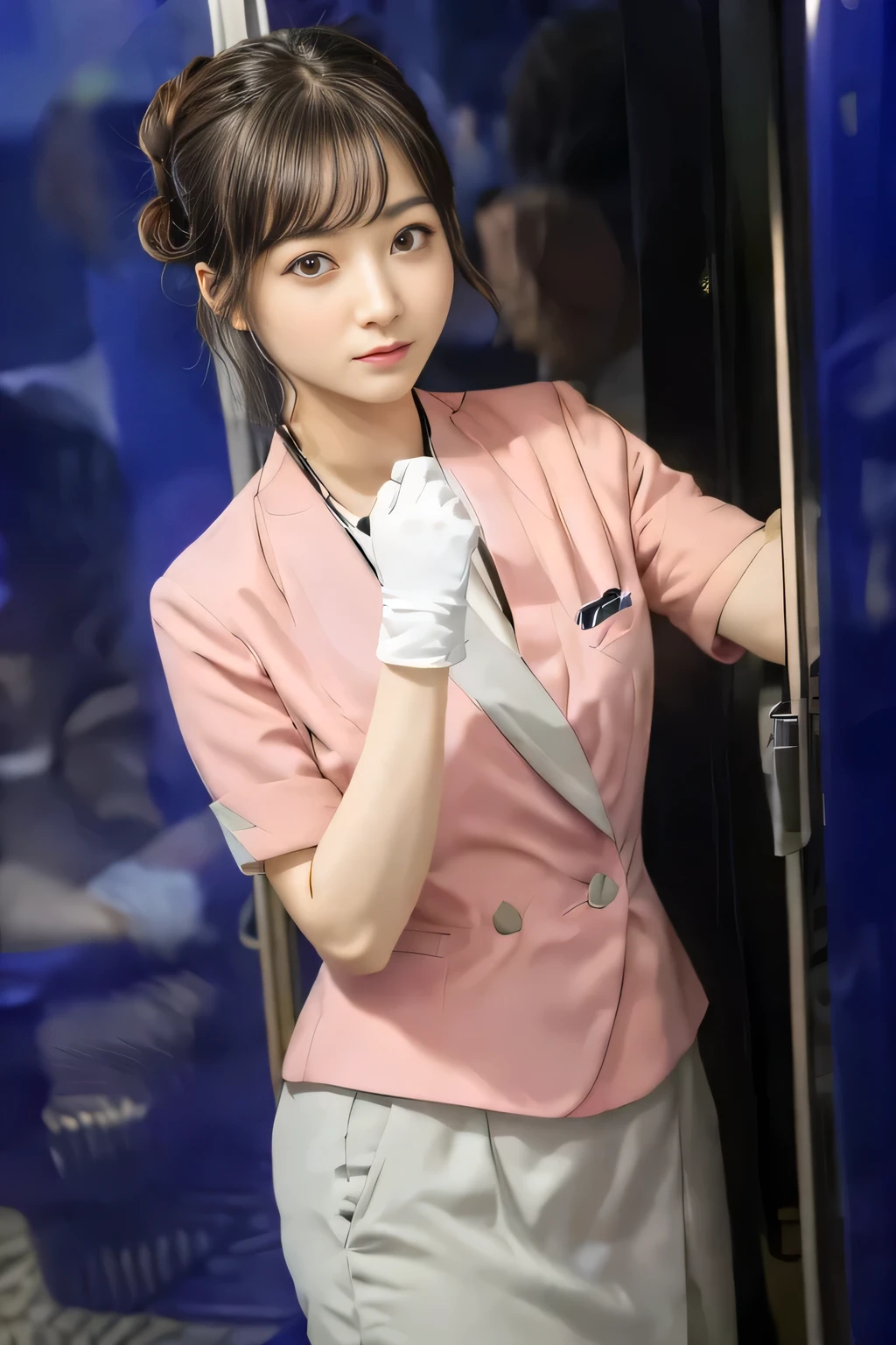 (masterpiece:1.2, highest quality:1.2), 32K HDR, High resolution, (alone、1 girl)、(On the rooftop of a building in the daytime、Professional Lighting)、Building rooftop background、(Nankai train crew uniform pinkを着たリアルスタイル)、(Nankai train crew uniform pink short sleeve pink jacket、Nankai Train Crew Uniform Pink Collarless Short Sleeve Blouse、Nankai Train crew uniform pinkのグレー色のキュロットスカート)、Dark brown hair、(Hair tied up、Hair Bun、Hair Bun)、Dark brown hair、Long Shot、Big Breasts、Thin legs、((Great hands:2.0)),((Harmonious body proportions:1.5)),((Normal limbs:2.0)),((Normal finger:2.0)),((Delicate eyes:2.0)),((Normal eyes:2.0)))、、Captivating look、(Nankai Train crew uniform pinkのグレー色のキュロットスカートを見せた美しい歩く姿)、Keep your hands natural