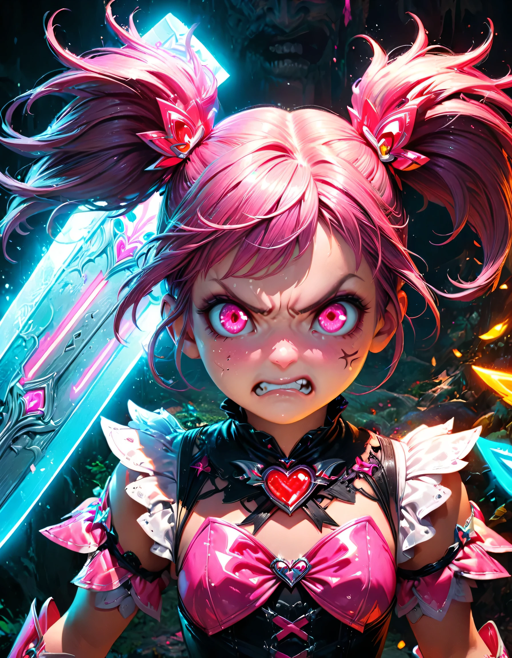(highest quality), Fantasy illustration art, Shiny colorful lighting, Big sword, Magical girl, Gothic, Twin tails, Realistic, Super detailed, High resolution, anime,  Glowing neon color palette, Cute Face, Angry expression