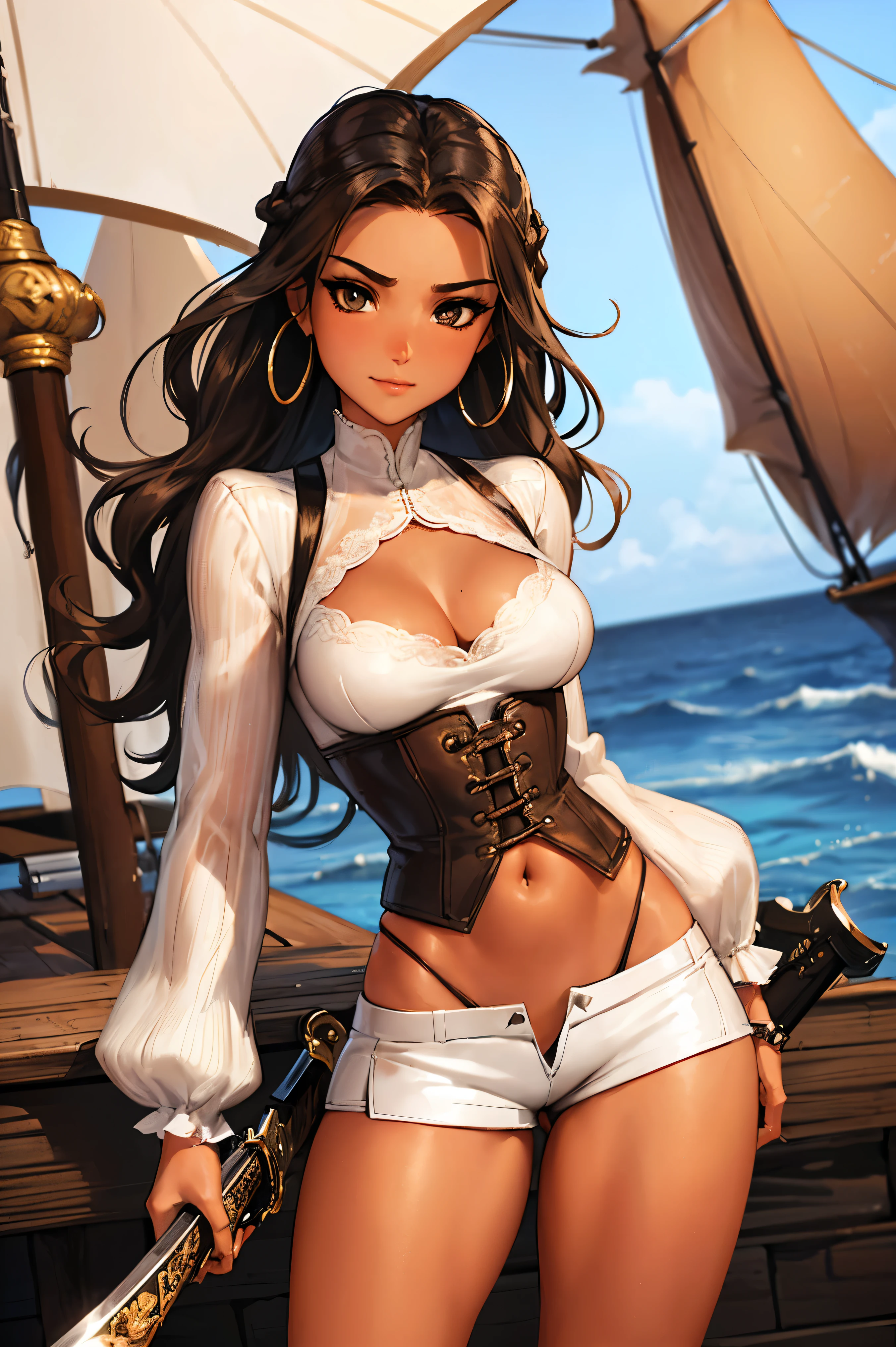 (masterpiece), best quality, expressive eyes, perfect face, (pirate ship background), (standing), (smirk), (closeup view), (1girl, vanessa alessia, dark skin, tanned skin, brown hair, wavy hairstyle, brown eyes, hourglass figure, thin body, skinny body, petite_body, medium breasts, thick thighs, long fingernails, brown plaid head wrap, white front lace blouse, long sleeve, loose fit, brown leather corset, brown leather shorts, brown boots, sheathed cutlass sword, flintlock pistol in holster, hoop earrings, miscellaneous jewelry),  big breasts, stripping, elegant makeup, exhibitionism, naked in public, , slim thighs, toned body, shiny skin, sexy pose, blue eyes, narrow hips, wearing high hip thong and see-through top