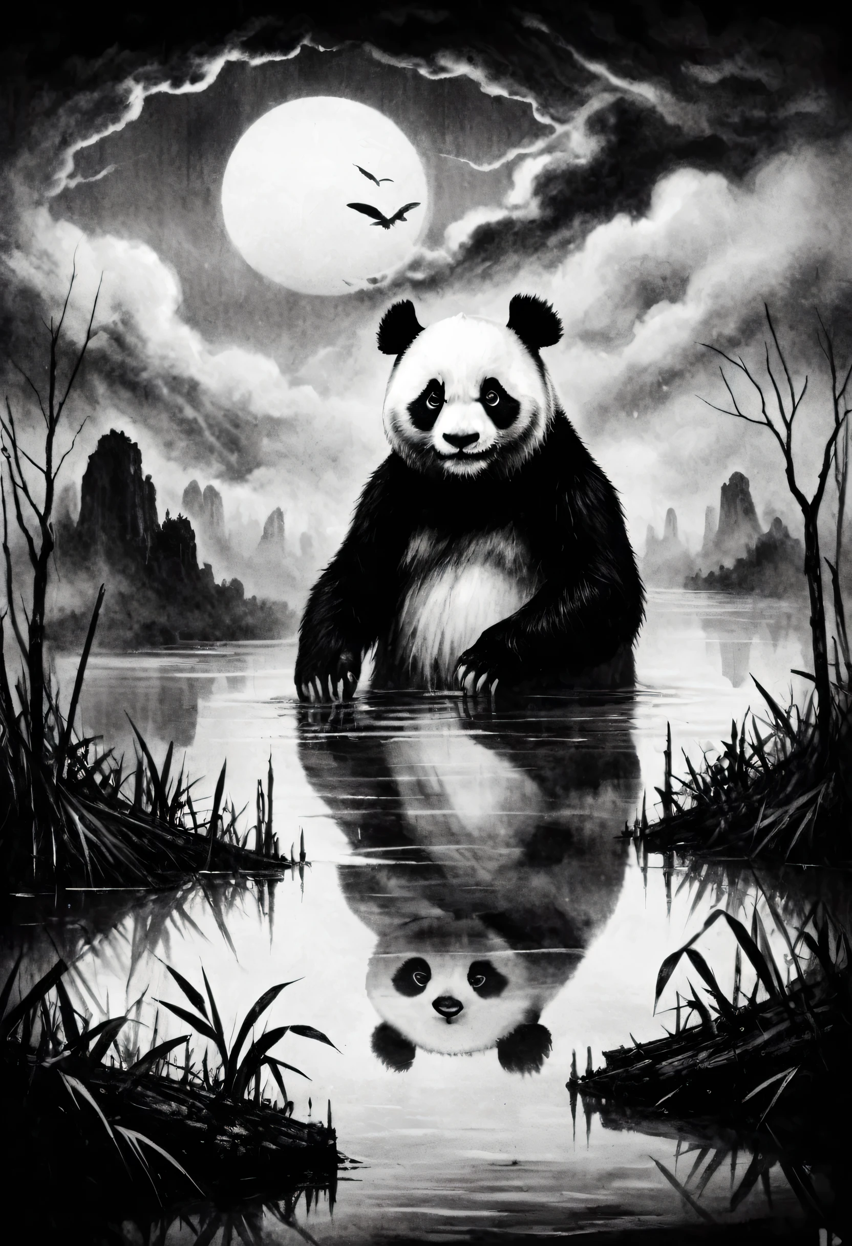 estilo black metal, xerox, Preto e branco, cloudy black sky, panda central, no bambuzal , fog, water below, chovendo sangue