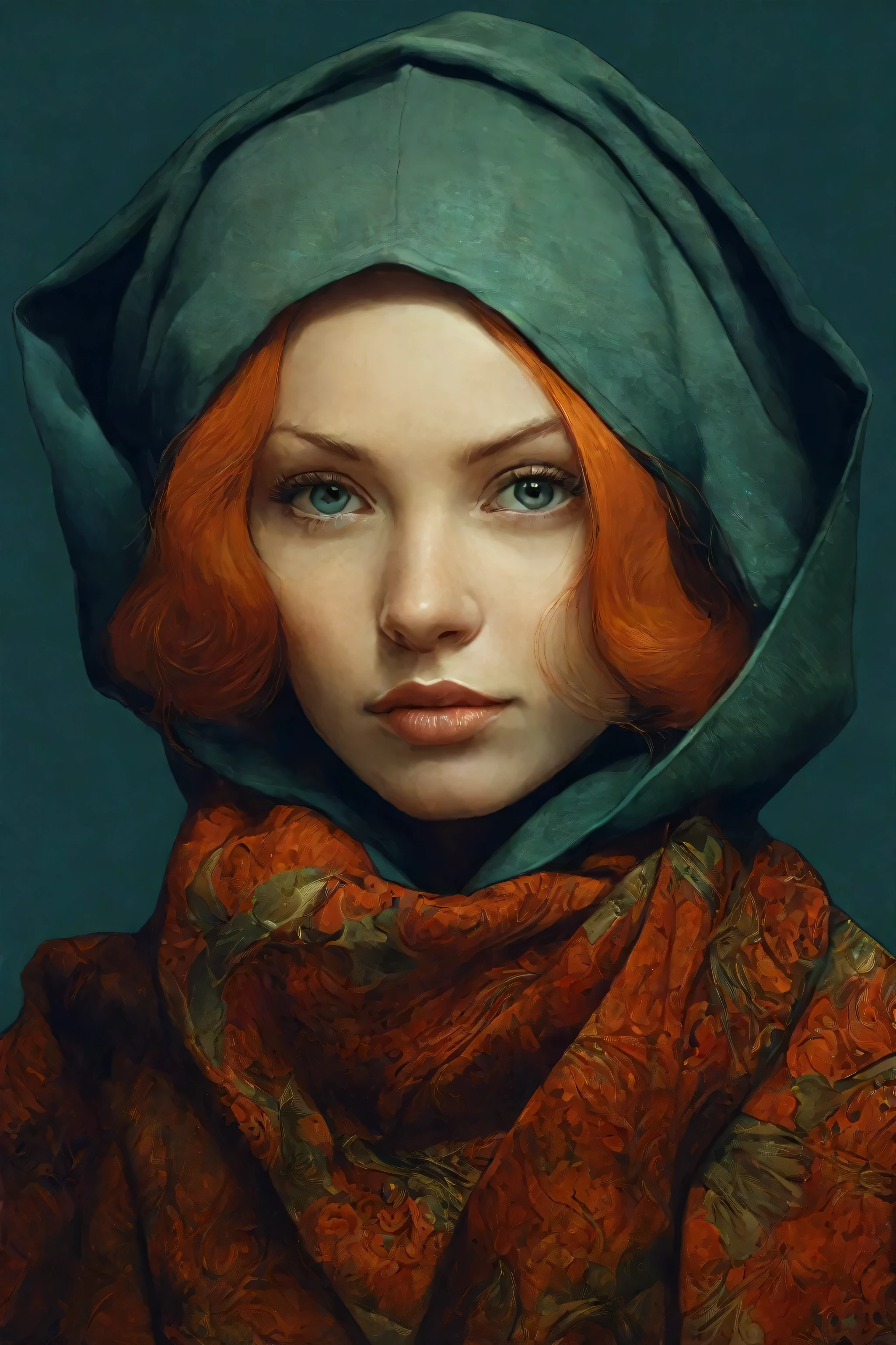 red-haired woman with hood and headscarf, stunning digital illustration, linda arte digitalwork, linda arte digital, Retrato CGSOCIETY, por Andrey Ryabovichev, Art Nouveau hiperrealista, linda pintura digital, Moebius + lazy + uau, beautiful digital illustration, beautiful retrato de arte de fantasia, linda arte digital, retrato de arte de fantasia, Retrato muito bonito