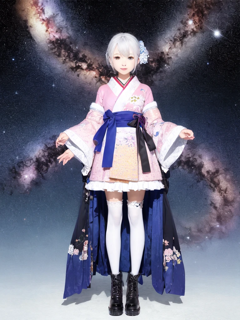 1girl、Standing in front of the viewer、vtuber-fullbody、(masterpiece, highest quality, Intricate details, Ultra-detailed, Very detailed), SF, future, cyber punk, One girl, alone, Cowboy Shot, Milky hair color, Gloves, short hair, Frills, kimono, Hair Flowers, Long Wide Sleeve, kimono, Knee-high boots, zettai ryouiki, universe柄プリント, skirt, Removable sleeves, adjusting 、White simple background、universe、Milky Way、流star群、star、★、