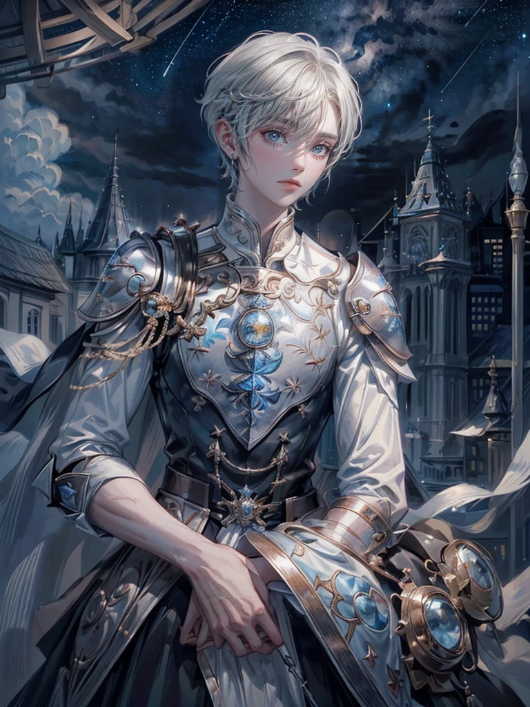 ((4K works))、​masterpiece、(top-quality)、One beautiful boy、Slim body、tall、((Black Y-shirt and white pants、Charming British knight style))、Please wear one jacket、(Detailed beautiful eyes)、Fantastic Night City、((City under the stars))、Fantastic city at midnight、((Face similar to Carly Rae Jepsen))、((Short-haired white hair))、((Smaller face))、((Neutral face))、((Bright blue eyes))、((American adult male))、((Adult male 26 years old))、((Cool Men))、((Like a celebrity))、((Crying expression))、((sad look))、((Korean Makeup))、((elongated and sharp eyes))、((Happy dating))、((boyish))、((Upper body photography))、Professional Photos、((Shot alone))、((She is looking up at the sky under the roof))、((Shot from the side))、((Crying profile))、((Face crying in pain))、((He is looking upwards))、((His eyes are looking down))、((He stands next to the viewer))、((He who cries))、I'm crying on a stick.、Man crying while standing、Solitude、saddened、desolate、suffocating、heartbreaking、auw