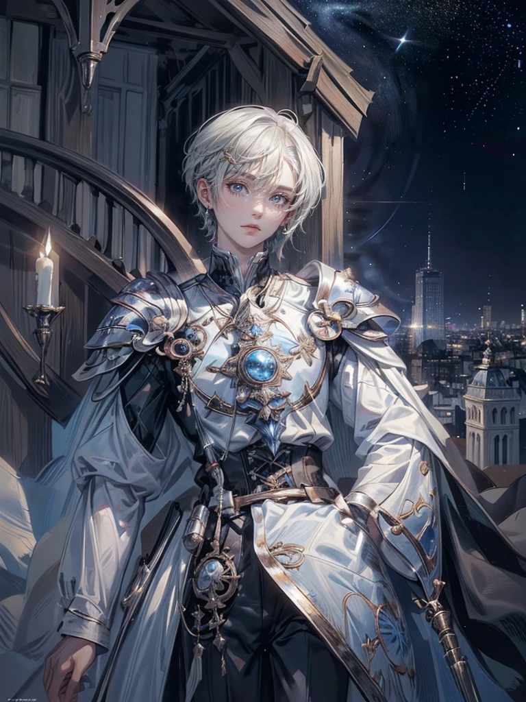 ((4K works))、masterpiece、(top-quality)、One beautiful boy、Slim body、tall、((Black Y-shirt and white pants、Charming British knight style))、Please wear one jacket、(Detailed beautiful eyes)、Fantastic Night City、((City under the stars))、Fantastic city at midnight、((Face similar to Carly Rae Jepsen))、((Short-haired white hair))、((Smaller face))、((Neutral face))、((Bright blue eyes))、((American adult male))、((Adult male 26 years old))、((Cool Men))、((Like a celebrity))、((Crying expression))、((sad look))、((Korean Makeup))、((elongated and sharp eyes))、((Happy dating))、((boyish))、((Upper body photography))、Professional Photos、((Shot alone))、((She is looking up at the sky under the roof))、((Shot from the side))、((Crying profile))、((Face crying in pain))、((He is looking upwards))、((His eyes are looking down))、((He stands next to the viewer))、((He who cries))、I'm crying on a stick.、Man crying while standing、Solitude、saddened、desolate、suffocating、heartbreaking、auw