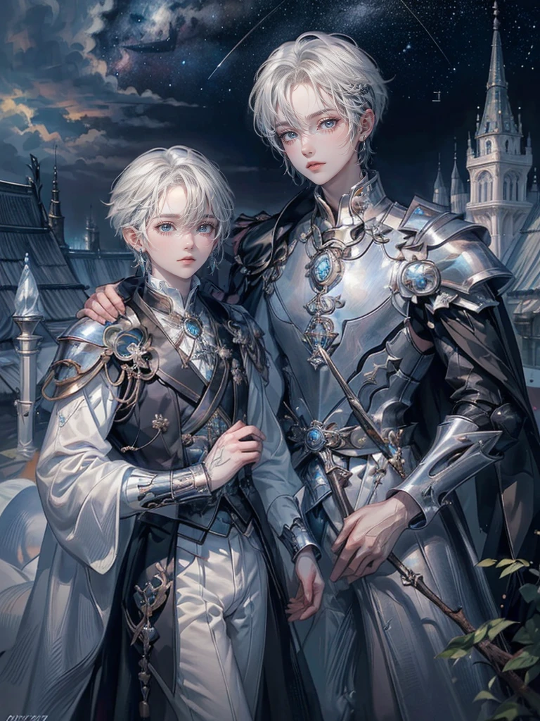 ((4K works))、masterpiece、(top-quality)、One beautiful boy、Slim body、tall、((Black Y-shirt and white pants、Charming British knight style))、Please wear one jacket、(Detailed beautiful eyes)、Fantastic Night City、((City under the stars))、Fantastic city at midnight、((Face similar to Carly Rae Jepsen))、((Short-haired white hair))、((Smaller face))、((Neutral face))、((Bright blue eyes))、((American adult male))、((Adult male 26 years old))、((Cool Men))、((Like a celebrity))、((Crying expression))、((sad look))、((Korean Makeup))、((elongated and sharp eyes))、((Happy dating))、((boyish))、((Upper body photography))、Professional Photos、((Shot alone))、((She is looking up at the sky under the roof))、((Shot from the side))、((Crying profile))、((Face crying in pain))、((He is looking upwards))、((His eyes are looking down))、((He stands next to the viewer))、((He who cries))、I'm crying on a stick.、Man crying while standing、Solitude、saddened、desolate、suffocating、heartbreaking、auw