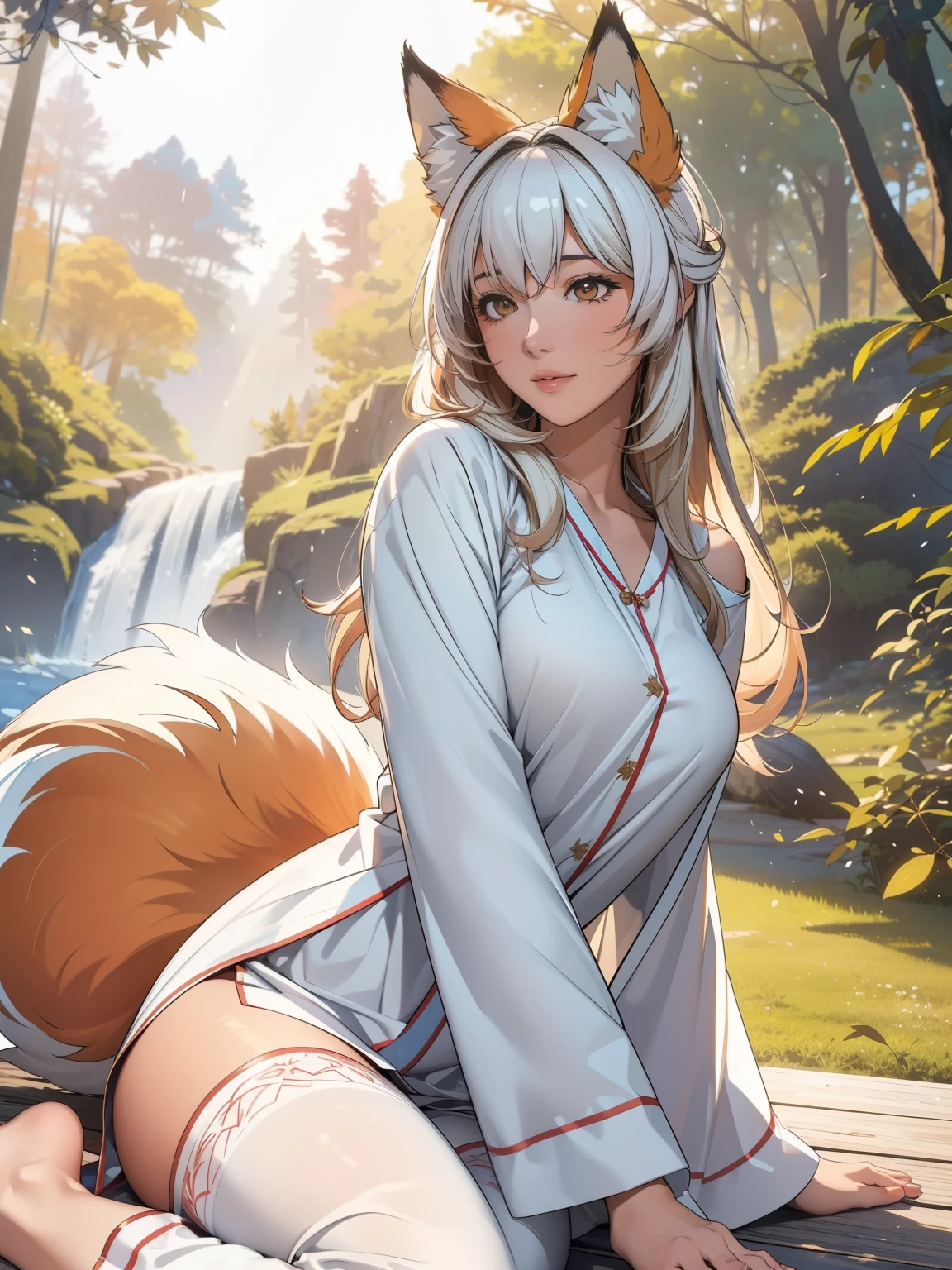 Professional, high-quality photos, 4K resolution, Realistically detailed image of an attractive girl in fluffy white pajamas with fox ears and a fox tail. She is sitting in the middle of a magical forest, Every element is perfectly expressed. The texture of pajamas, The ears and tail are sharp、palpable. The sunlight falls on the leaves、The girl&#39;s face is gently illuminated, Highlights delicate and attractive facial expressions  