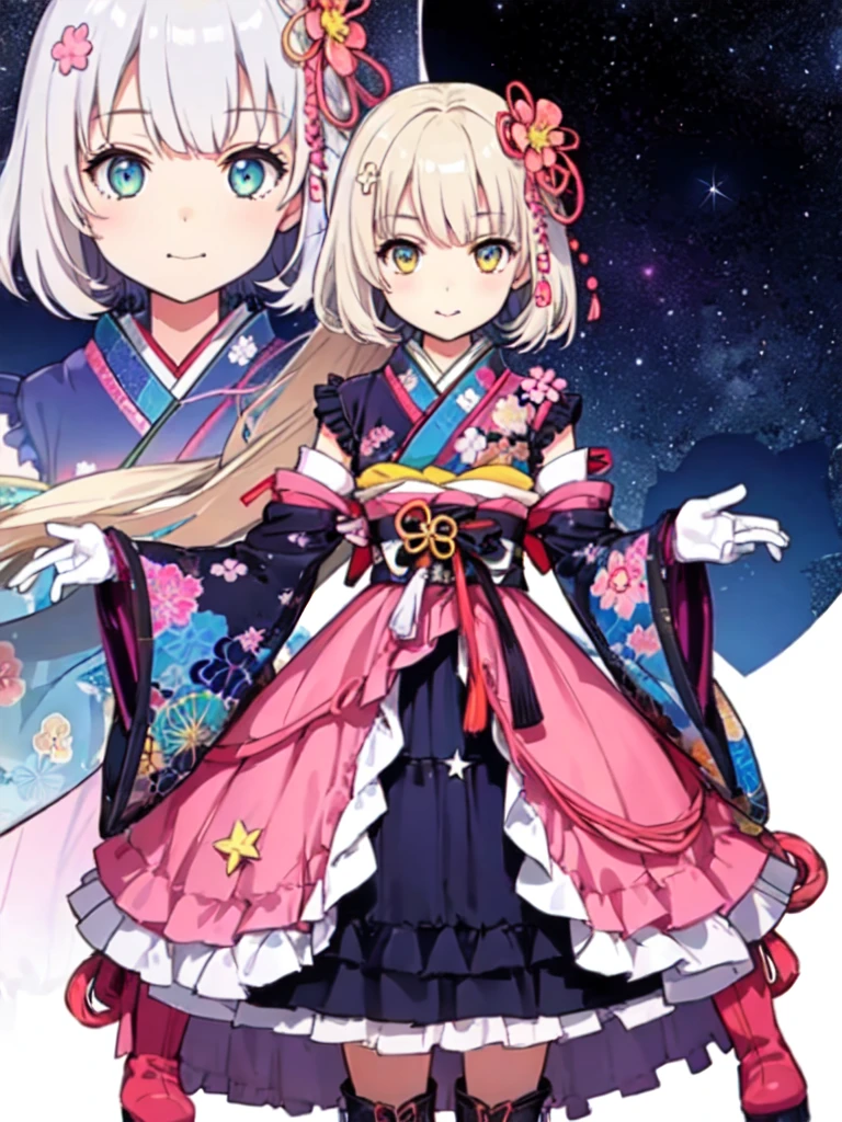 1girl、Standing in front of the viewer、vtuber-fullbody、(masterpiece, highest quality, Intricate details, Ultra-detailed, Very detailed), SF, future, cyber punk, One girl, alone, Cowboy Shot, Milky hair color, Gloves, short hair, Frills, kimono, Hair Flowers, Long Wide Sleeve, kimono, Knee-high boots, zettai ryouiki, universe柄プリント, skirt, Removable sleeves, adjusting 、White simple background、universe、Milky Way、流star群、star、★、