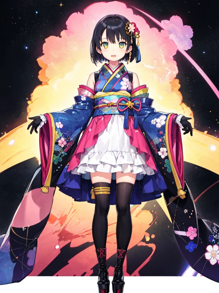 1girl、Standing in front of the viewer、vtuber-fullbody、(masterpiece, highest quality, Intricate details, Ultra-detailed, Very detailed), SF, future, cyber punk, One girl, alone, Cowboy Shot, Milky hair color, Gloves, short hair, Frills, kimono, Hair Flowers, Long Wide Sleeve, kimono, Knee-high boots, zettai ryouiki, universe柄プリント, skirt, Removable sleeves, adjusting 、White simple background、universe、Milky Way、流star群、star、★、