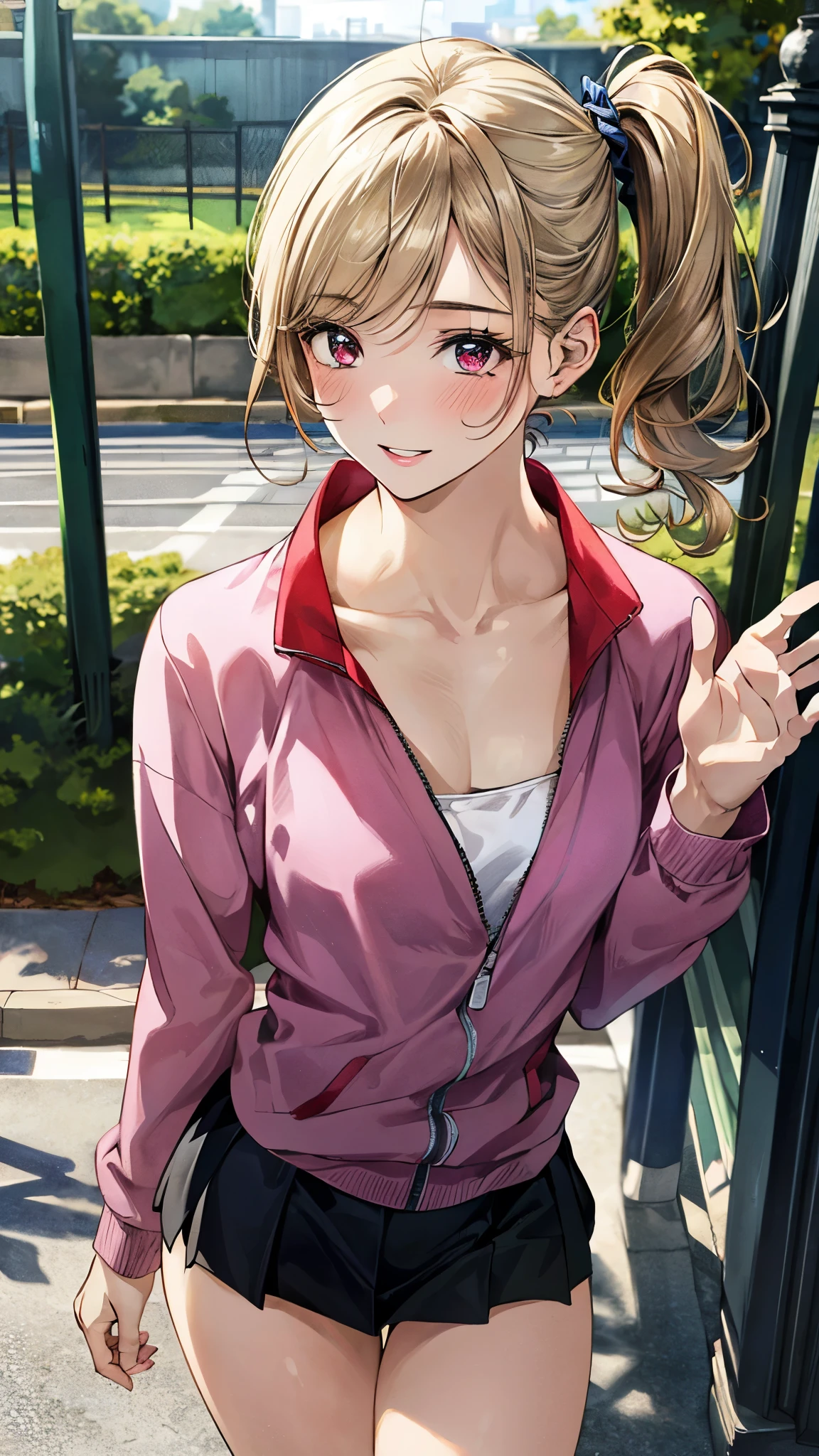 (masterpiece:1.3, top-quality, ultra high res, ultra detailed), (realistic, photorealistic:1.3), beautiful illustration, perfect lighting, natural lighting, colorful, depth of fields, ,
beautiful detailed hair, beautiful detailed face, beautiful detailed eyes, beautiful clavicle, beautiful body, beautiful chest, beautiful thigh, beautiful legs, beautiful fingers, shiny skin,
looking at viewer, 1 girl, high school girl, (perfect anatomy, anatomically correct, super detailed skin), cute and symmetrical face, babyface, perfect face, perfect eyes, perfect body,
(short hair, side ponytail, sideburns, hairpin, ash blonde hair), swept bangs, maroon eyes, drooping eyes, big eyes, long eyelashes, (small breasts, seductive thighs), slender,
(detailed cloth texture), long sleeve, pink tracksuits tops, black micro mini skirt,
(beautiful scenery), summer, late afternoon, (park:1.2, park bench), , (sitting), (love smile, upper eyes, parted lips),