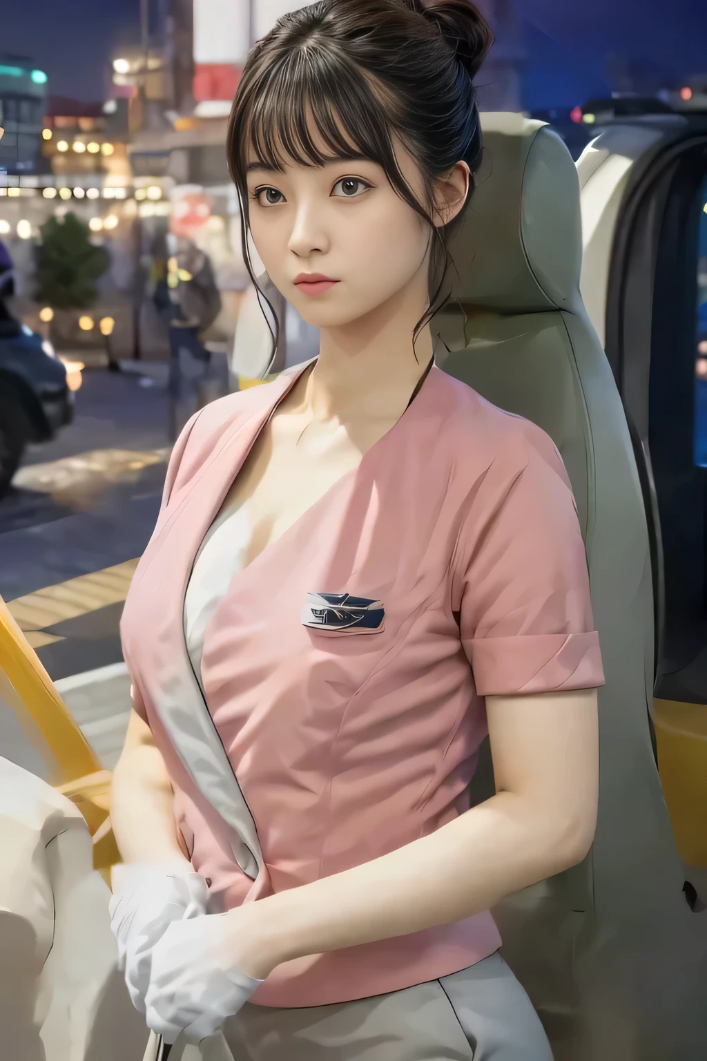 (masterpiece:1.2, highest quality:1.2), 32K HDR, High resolution, (alone、1 girl)、(On the rooftop of a building in the daytime、Professional Lighting)、Building rooftop background、(Nankai train crew uniform pinkを着たリアルスタイル)、(Nankai train crew uniform pink short sleeve pink jacket、Nankai Train Crew Uniform Pink Collarless Short Sleeve Blouse、Nankai Train crew uniform pinkのグレー色のキュロットスカート)、Dark brown hair、(Hair tied up、Hair Bun、Hair Bun)、Dark brown hair、Long Shot、Big Breasts、Thin legs、((Great hands:2.0)),((Harmonious body proportions:1.5)),((Normal limbs:2.0)),((Normal finger:2.0)),((Delicate eyes:2.0)),((Normal eyes:2.0)))、Captivating look、(Nankai Train crew uniform pinkのグレー色のキュロットスカートを見せた美しい歩く姿)、Keep your hands natural
