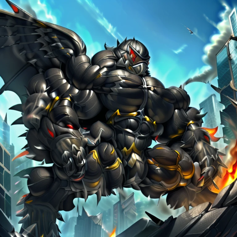 (masterpiece. official art. 8k. best quality. detailed full body. full body.)

(situation 1 : dominating BATZZ. BATZZ is over 1000 meters long. giant mechanical Muscular BATZZ is trampling the city. Looking down. macro. stomp)

(situation 2 :smoke and flames rising from the destruction in the city)

(Additional details 1: Its nanosut emphasizes the muscles. wearing crNanosuit. nanosuit. creating crNanosuit. black visor. wearing a full-face helmet. hero in anime style.)

(Additional details 2: (Detailed head. Detailed Body. Detailed abs. gigantic muscles. HYPER MUSCLES. Gigachad Muscular. big muscle. pecs. triceps. traps. unusually developed muscular body. body full of huge muscles. showing off muscles. pectorales enormes. Exaggeratedly huge muscles. huge muscles. long legs.).

(Additional details 3: Spread wings. It has wings. have big wings. black wings. The claws are sharp.).