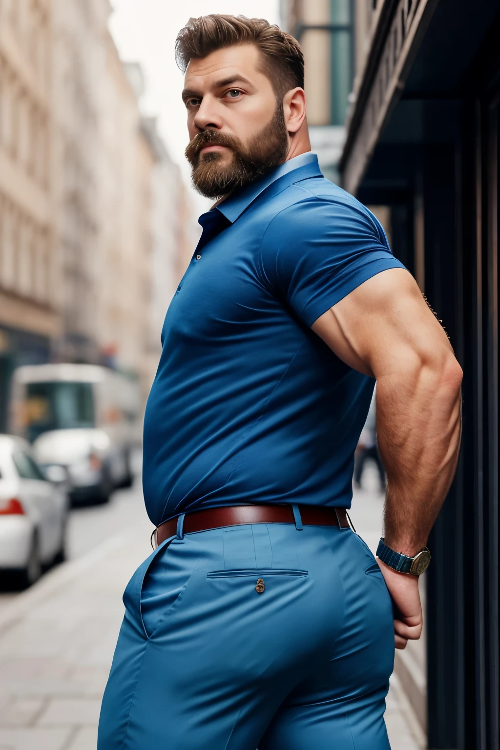 Mature man, very handsome, best quality, shirt formal blue trousers, hairy chest , masterpiece, super high resolution, detailed background, reality, , single, 1 boy, muscle man, beard, in the city, muscle, facial hair, volumetric lighting, depth of field, wheezing, raised crotch, handsome action, big dynamics, (((backside))) (((Big butt)))