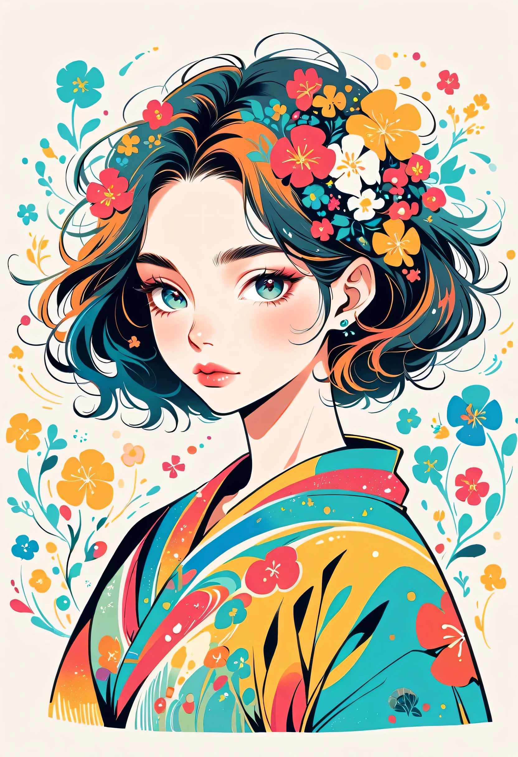 Takashi Murakami style, Stylish design,Stylish fashion,Simple Line Initialism,Abstract art,Urban Background, (((The most beautiful girl))), Lips in Love, colorful flowers