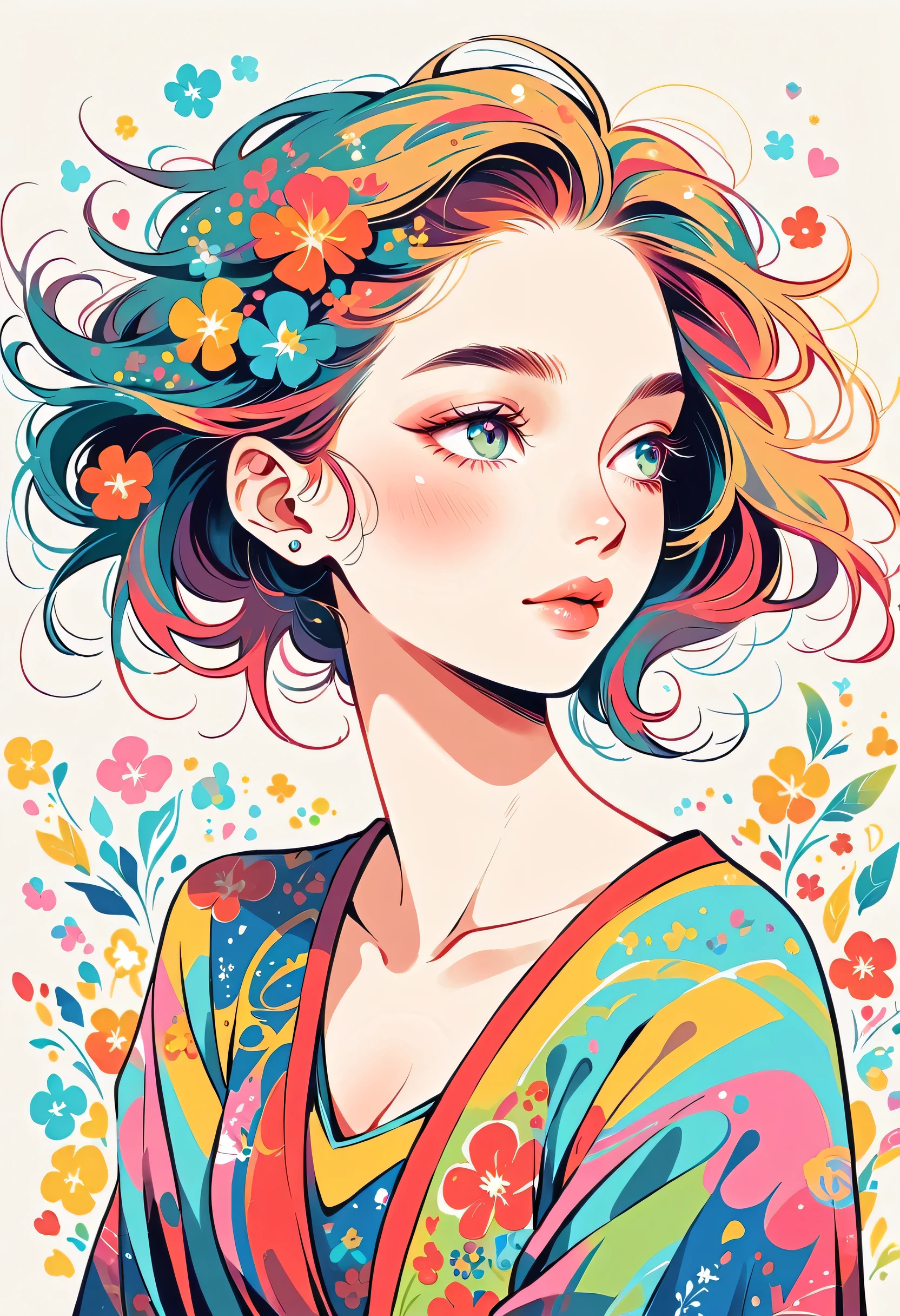 Takashi Murakami style, Stylish design,Stylish fashion,Simple Line Initialism,Abstract art,Urban Background, (((The most beautiful girl))), Lips in Love, colorful flowers
