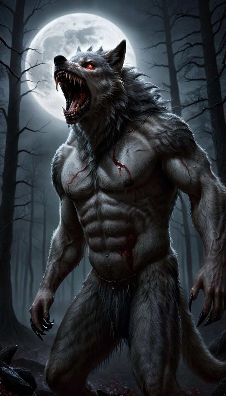 ((Masterpiece))), ((Best Quality))), ((Ultra Detailed)), (Surreal), (Highly Detailed CG Illustration), Cinematic Light, Realistic, werewolf, bloody, furry, horror, eerie atmosphere, moonlit night, sharp fangs, claws, menacing eyes, dark shadows, misty forest, intense gaze, gory details, savage, primal, terrifying, chilling, hair-raising, visceral, nightmarish, gruesome, spine-chilling
