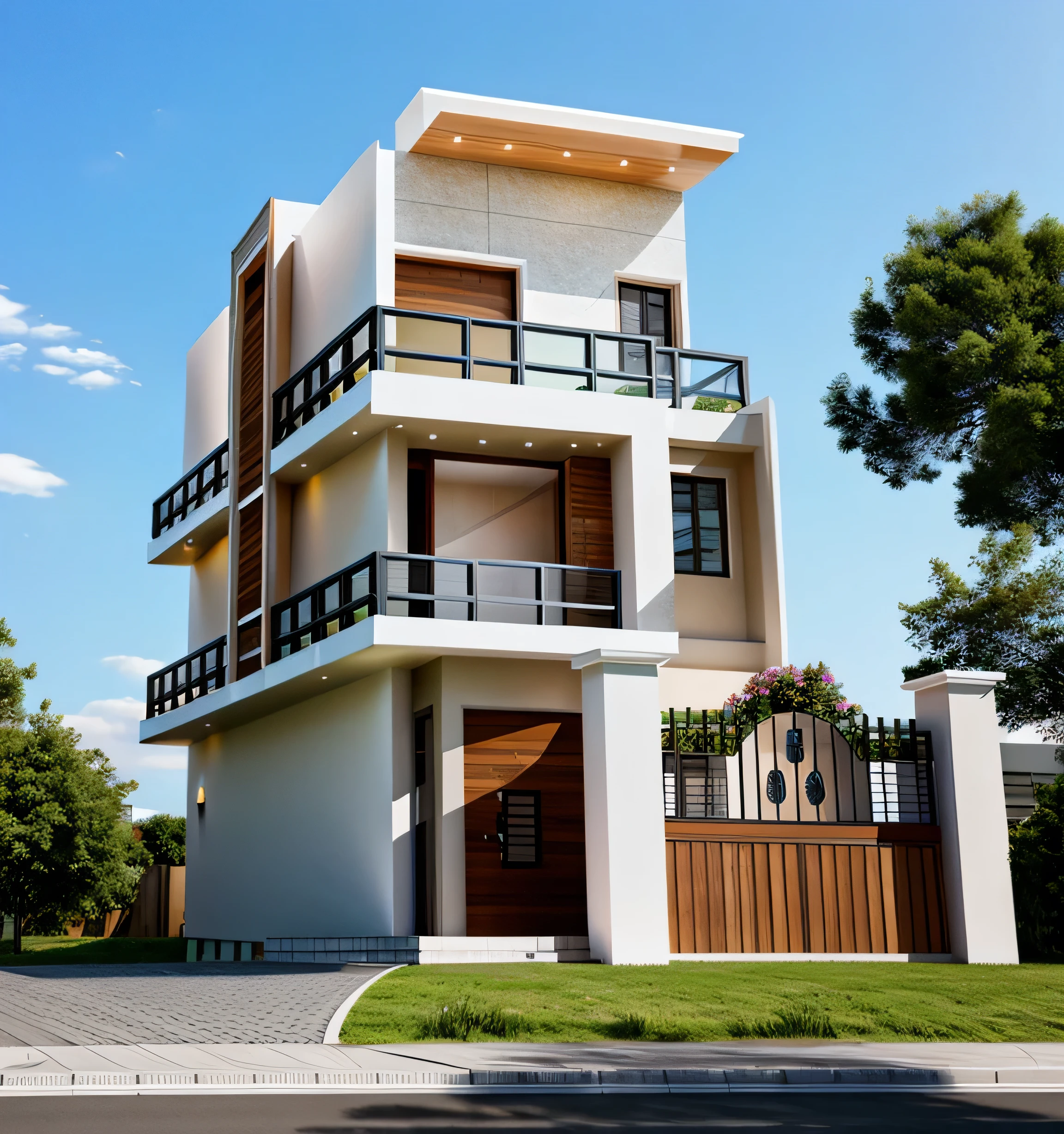 (masterpiece),(high quality), best quality, real,(realistic), super detailed, (full detail),(4k),8k,modern house exterior design,Modern architecture,Beautiful_sky,Day light, no_humans, outdoors,sky,tree,Garden flower front of building