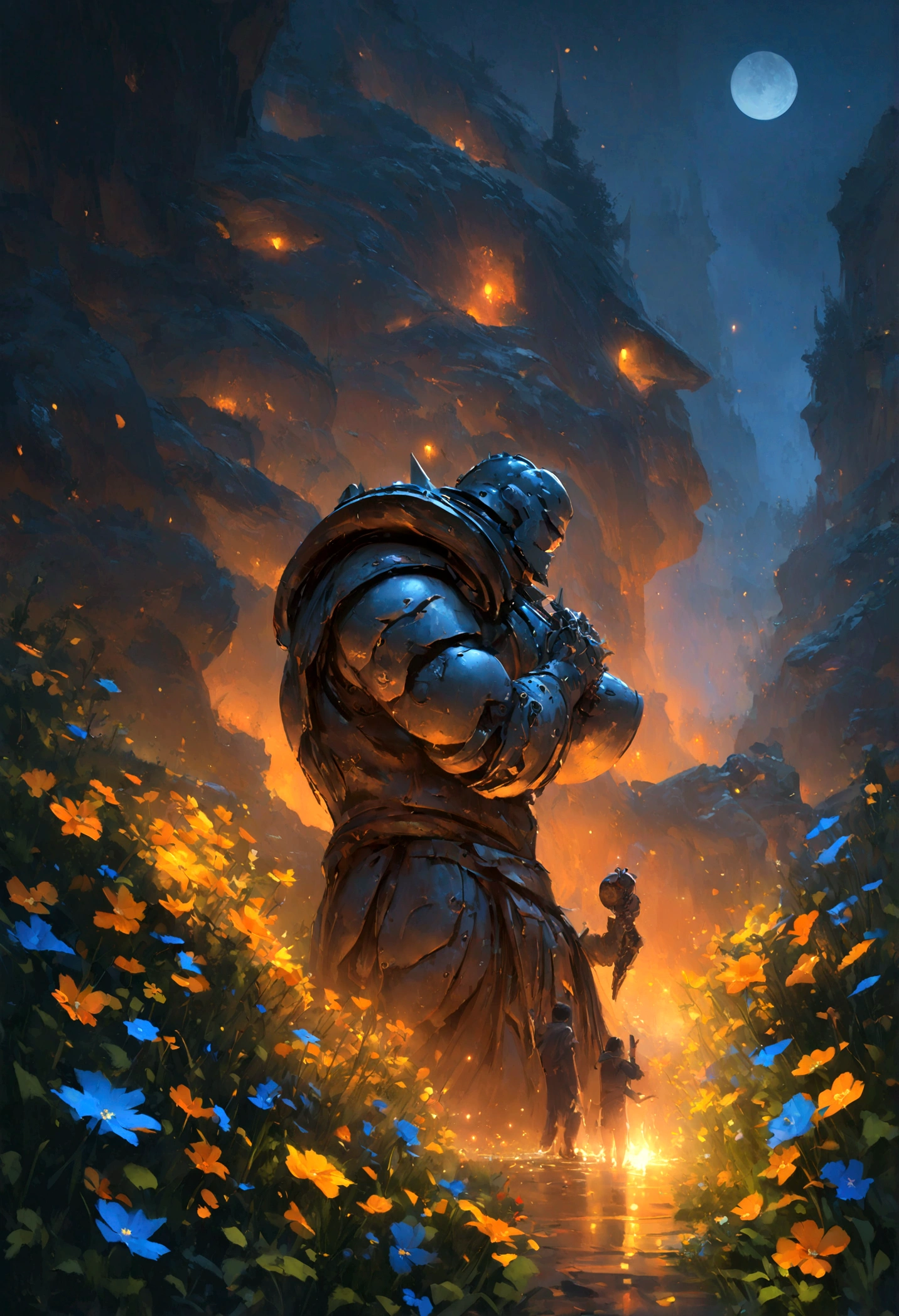 FATHER AND 5 YEAR OLD SON PLAYING, NIGHTTIME, FLOWERS, NATURE, MOONLIGHT, 8K, resolution concept art portrait by Greg Rutkowski, Artgerm, WLOP, Alphonse Mucha dynamic lighting hyperdetailed intricately detailed Splash art trending on Artstation triadic colors Unreal Engine 5 volumetric lighting", K, CAUCASIAN