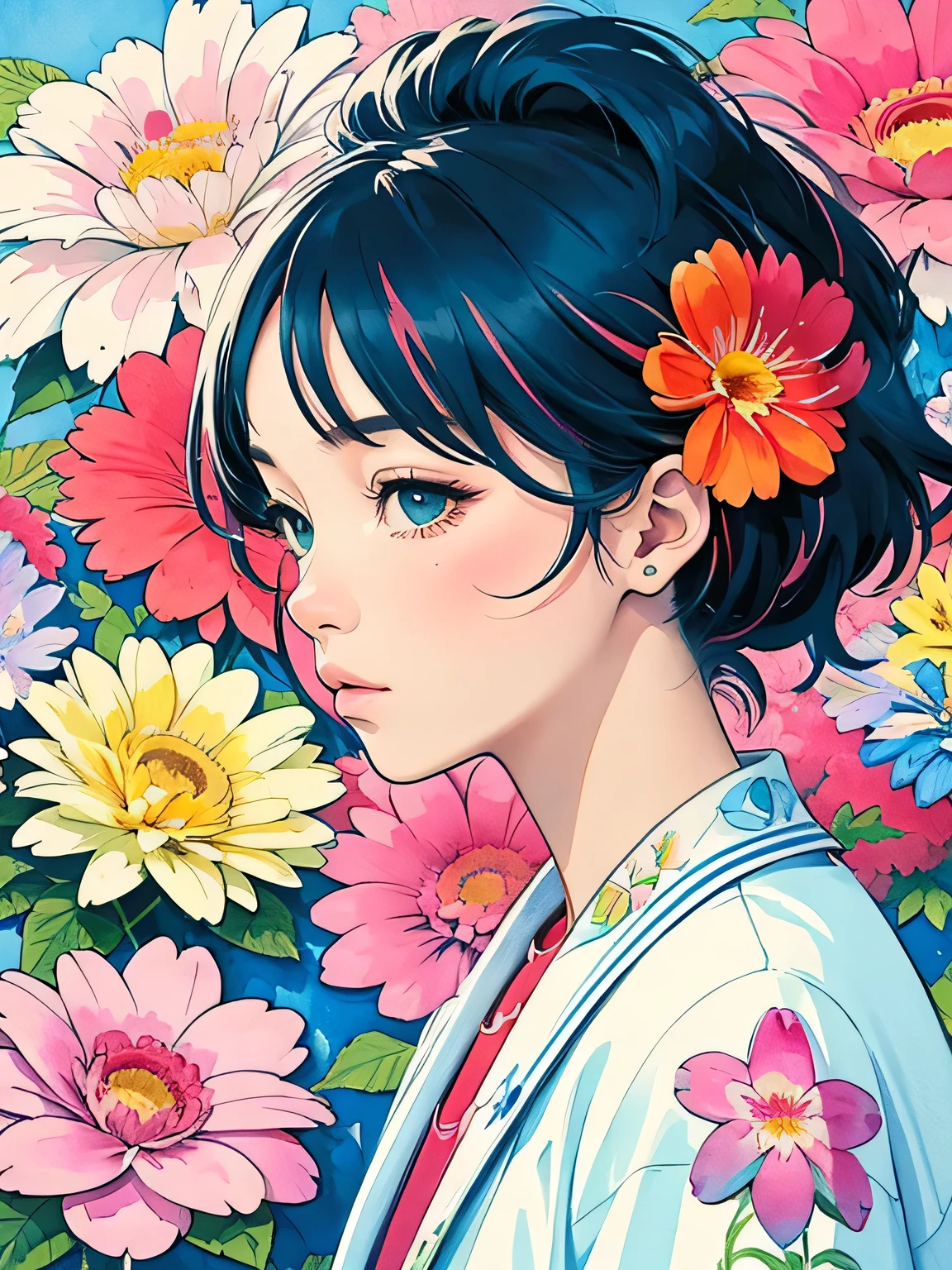 Hiromi Matsuo Style、(((stylish fashion))), 8K Quality、Intense watercolor, Detailed watercolor art, Watercolor splash, Surreal, avant-garde pop art, Beautiful and expressive paintings, Beautiful artwork illustration, Very colorful tones, wonderful, Cool beauty, highest quality、Official Art, Vector art, Stylish design, (((The most beautiful girl))), (((highest quality))), HDR, ((detailed)), (((Doodle Art)), ((masterpiece)), ((Super detailed)), (((Colorful flowers))),(((Stylish))),