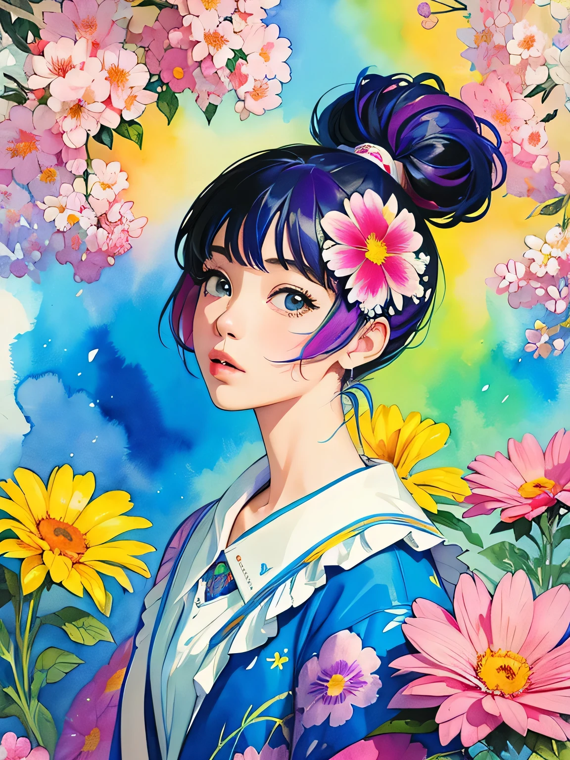 Hiromi Matsuo Style、(((stylish fashion))), 8K Quality、Intense watercolor, Detailed watercolor art, Watercolor splash, Surreal, avant-garde pop art, Beautiful and expressive paintings, Beautiful artwork illustration, Very colorful tones, wonderful, Cool beauty, highest quality、Official Art, Vector art, Stylish design, (((The most beautiful girl))), (((highest quality))), HDR, ((detailed)), (((Doodle Art)), ((masterpiece)), ((Super detailed)), (((Colorful flowers))),(((Stylish))),