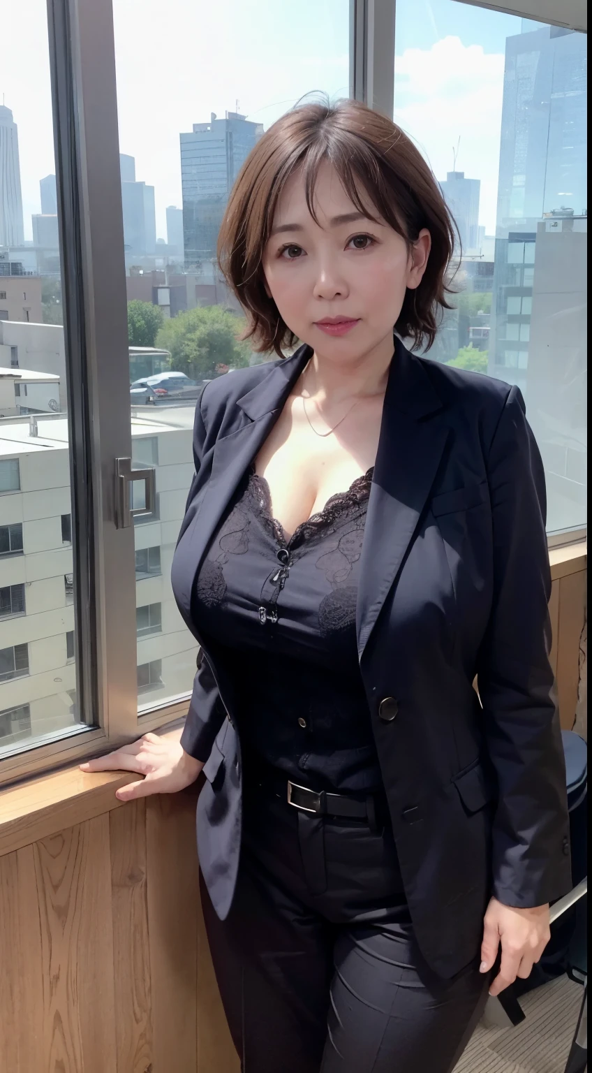  A MILF、Big breasts big breasts、A 42-year-old woman named Reiko, wearing a grey pantsuit. She has dark brown short hair. She is standing in a modern office with large windows and city views.