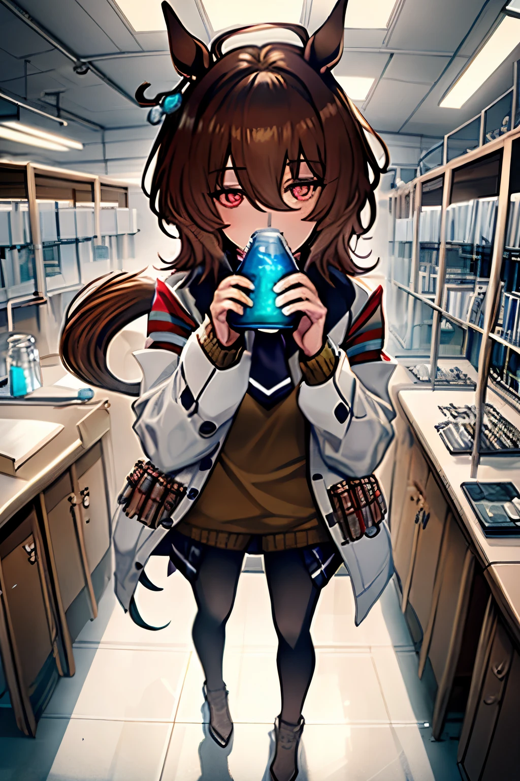(masterpiece:1.2、top-quality)、(Beautiful Eyes of Details:1.2)、(the Extremely Detailed CG Unity 8K Wallpapers、masterpiece、top-quality、ultra-detailliert、Best Shadows)、(Detailed background)、(beautifull detailed face、beatiful detailed eyes)、highly contrast、(The best lighting、extremely delicate and beautiful)、1girl in、dynamic ungle、dynamicposes:1.4、full body Esbian、Agnes-Tachyon\(Umamusume\)、solo、hunk_Eyeanteau blanc、Black pantyhose、((sleeves past fingers))、Yellow sweater、Black tie、Horse Girl、Horse's tail、brown haired、red eyes、sleeves past wrists、The background is the science room、lab room、flask、Glass Tube
