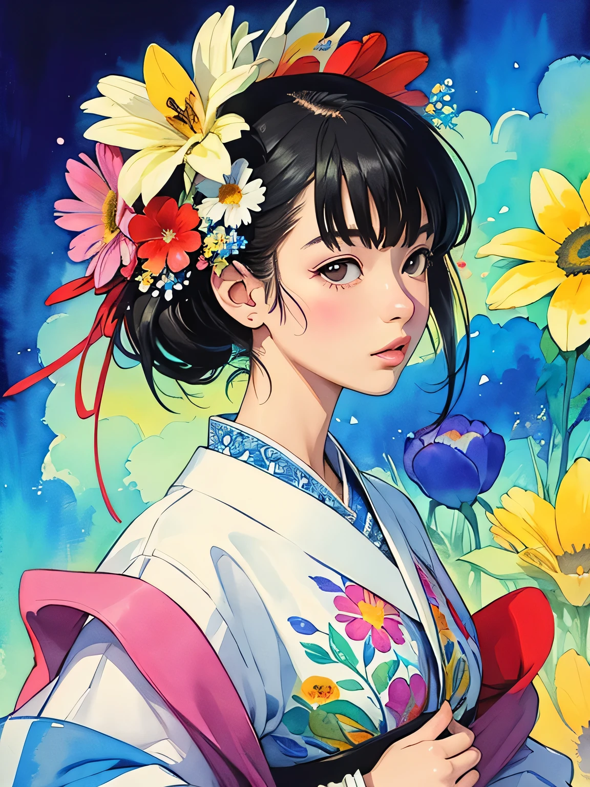 Hiromi Matsuo Style、(((stylish fashion))), 8K Quality、Intense watercolor, Detailed watercolor art, Watercolor splash, Surreal, avant-garde pop art, Beautiful and expressive paintings, Beautiful artwork illustration, Very colorful tones, wonderful, Cool beauty, highest quality、Official Art, Vector art, Stylish design, (((The most beautiful girl))), (((highest quality))), HDR, ((detailed)), (((Doodle Art)), ((masterpiece)), ((Super detailed)), (((Colorful flowers))),(((Stylish))),