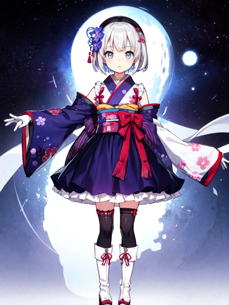 1girl、Standing in front of the viewer、vtuber-fullbody、(masterpiece, highest quality, Intricate details, Ultra-detailed, Very detailed), SF, future, cyber punk, One girl, alone, Cowboy Shot, Milky hair color, Gloves, short hair, Frills, kimono, Hair Flowers, Long Wide Sleeve, kimono, Knee-high boots, zettai ryouiki, universe柄プリント, skirt, Removable sleeves, adjusting 、White simple background、universe、Milky Way、流star群、star、★、