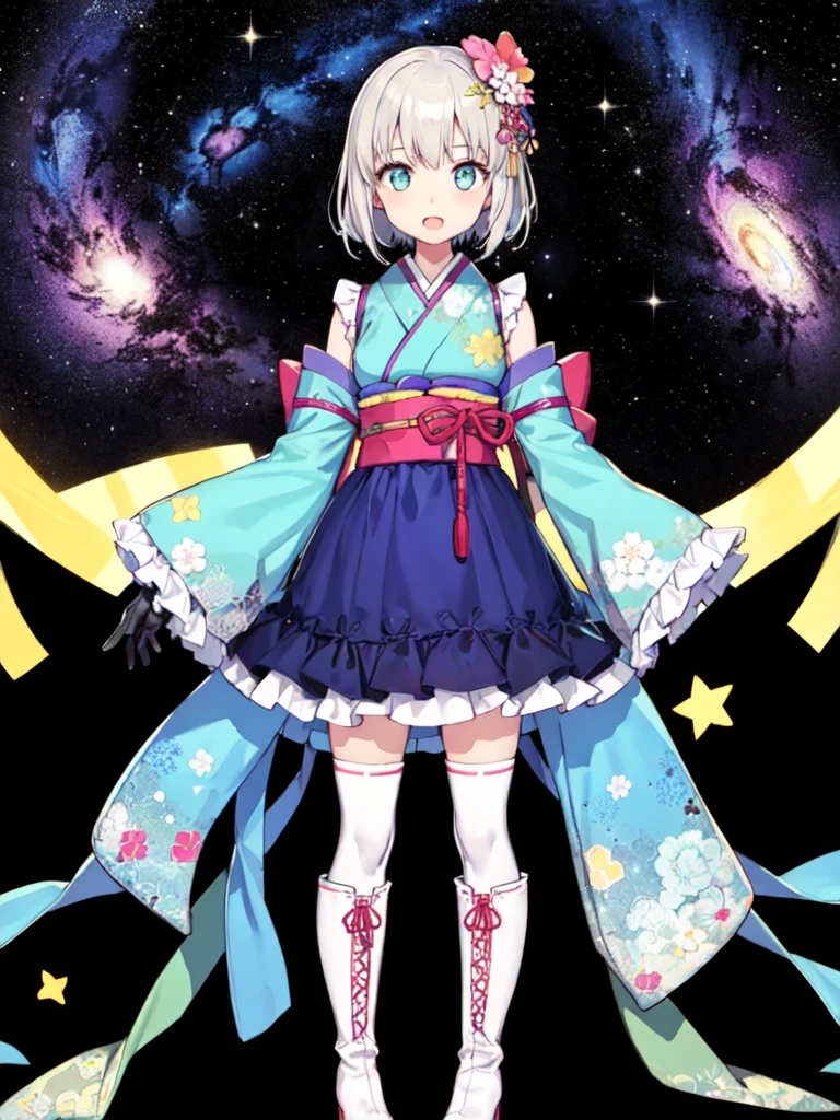 1girl、Standing in front of the viewer、vtuber-fullbody、(masterpiece, highest quality, Intricate details, Ultra-detailed, Very detailed), SF, future, cyber punk, One girl, alone, Cowboy Shot, Milky hair color, Gloves, short hair, Frills, kimono, Hair Flowers, Long Wide Sleeve, kimono, Knee-high boots, zettai ryouiki, universe柄プリント, skirt, Removable sleeves, adjusting 、White simple background、universe、Milky Way、流star群、star、★、