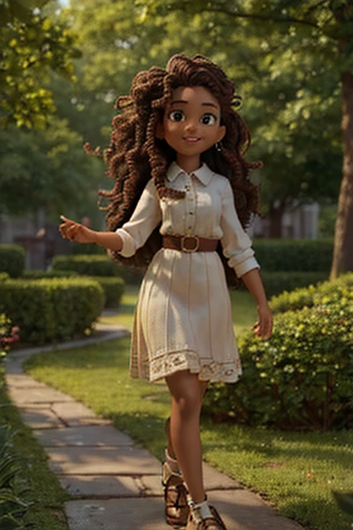 young university student, mixer skin, curly hair, walking through a park, frontal view, highly detailed face, cinematic lighting, photorealistic, 8k, masterpiece, intricate details, warm color tones, natural environment, graceful pose, elegant fashion, flowing hair, serene expression, lush greenery, detailed foliage, cobblestone path, dappled sunlight, atmospheric perspective, depth of field, happy face