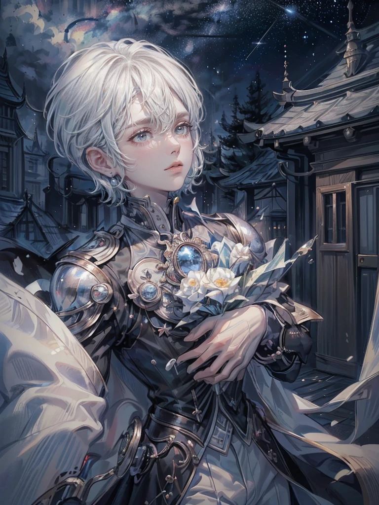 ((4K works))、masterpiece、(top-quality)、One beautiful boy、Slim body、tall、((Black Y-shirt and white pants、Charming British knight style))、Please wear one jacket、(Detailed beautiful eyes)、Fantastic Night City、((City under the stars))、Fantastic city at midnight、((Face similar to Carly Rae Jepsen))、((Short-haired white hair))、((Smaller face))、((Neutral face))、((Bright blue eyes))、((American adult male))、((Adult male 26 years old))、((Cool Men))、((Like a celebrity))、((Crying expression))、((sad look))、((Korean Makeup))、((elongated and sharp eyes))、((Happy dating))、((boyish))、((Upper body photography))、Professional Photos、((Shot alone))、((She is looking up at the sky under the roof))、((Shot from the side))、((Crying profile))、((Face crying in pain))、((He is looking upwards))、((His eyes are looking down))、((He stands next to the viewer))、((He who cries))、I'm crying on a stick.、Man crying while standing、Solitude、saddened、desolate、suffocating、heartbreaking、auw