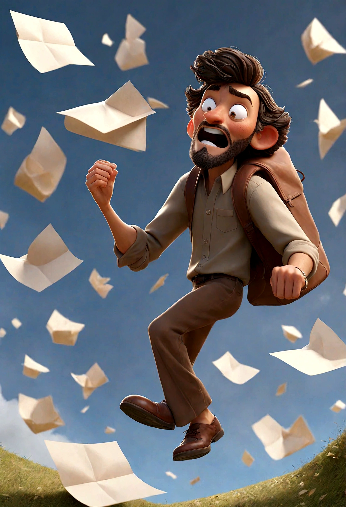 a man trying to catch a paper that is flying in the wind. ele tentou abrir sua mochila e este papel acabou escapando e voando.