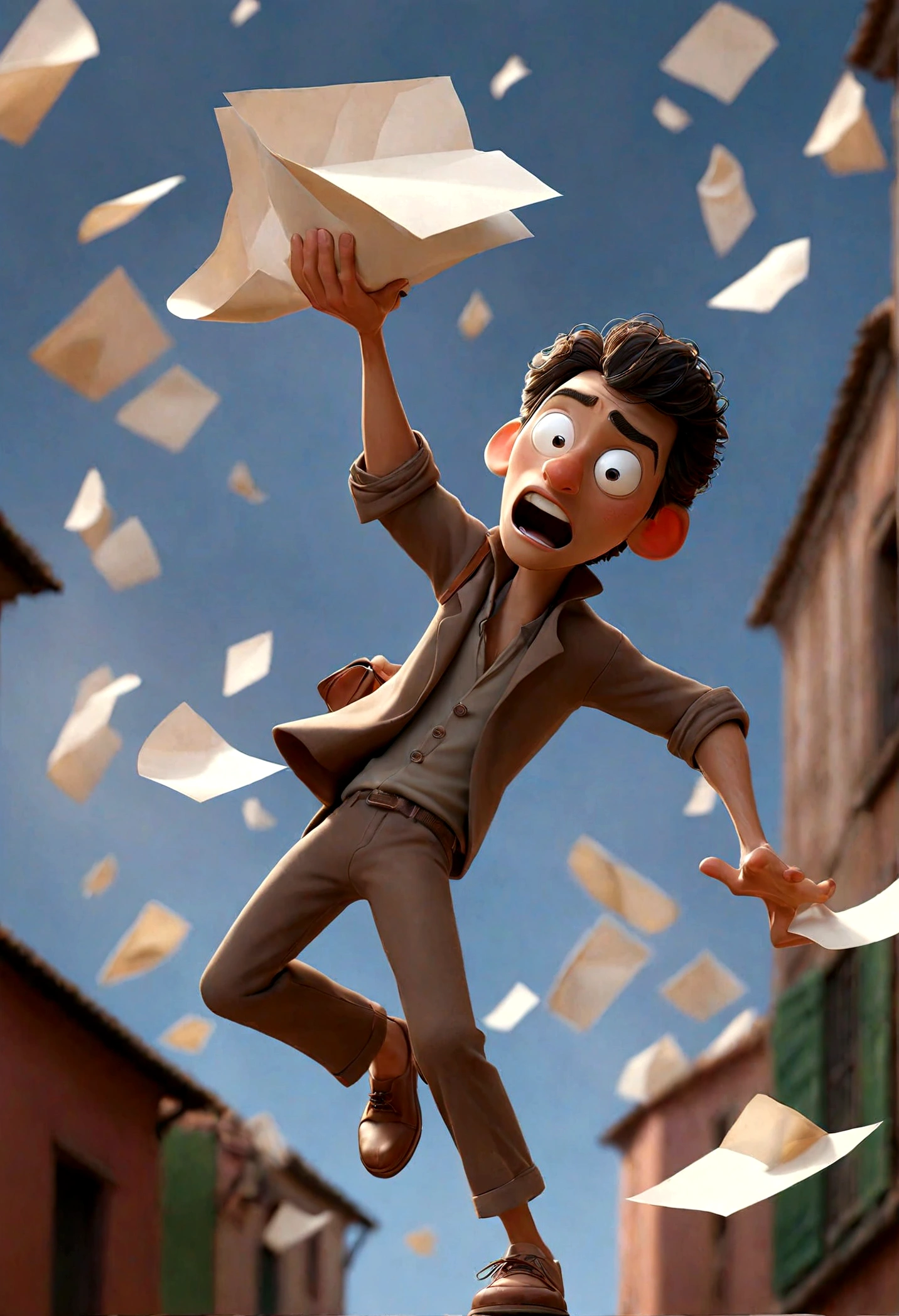 a man trying to catch a paper that is flying in the wind. ele tentou abrir sua mochila e este papel acabou escapando e voando.