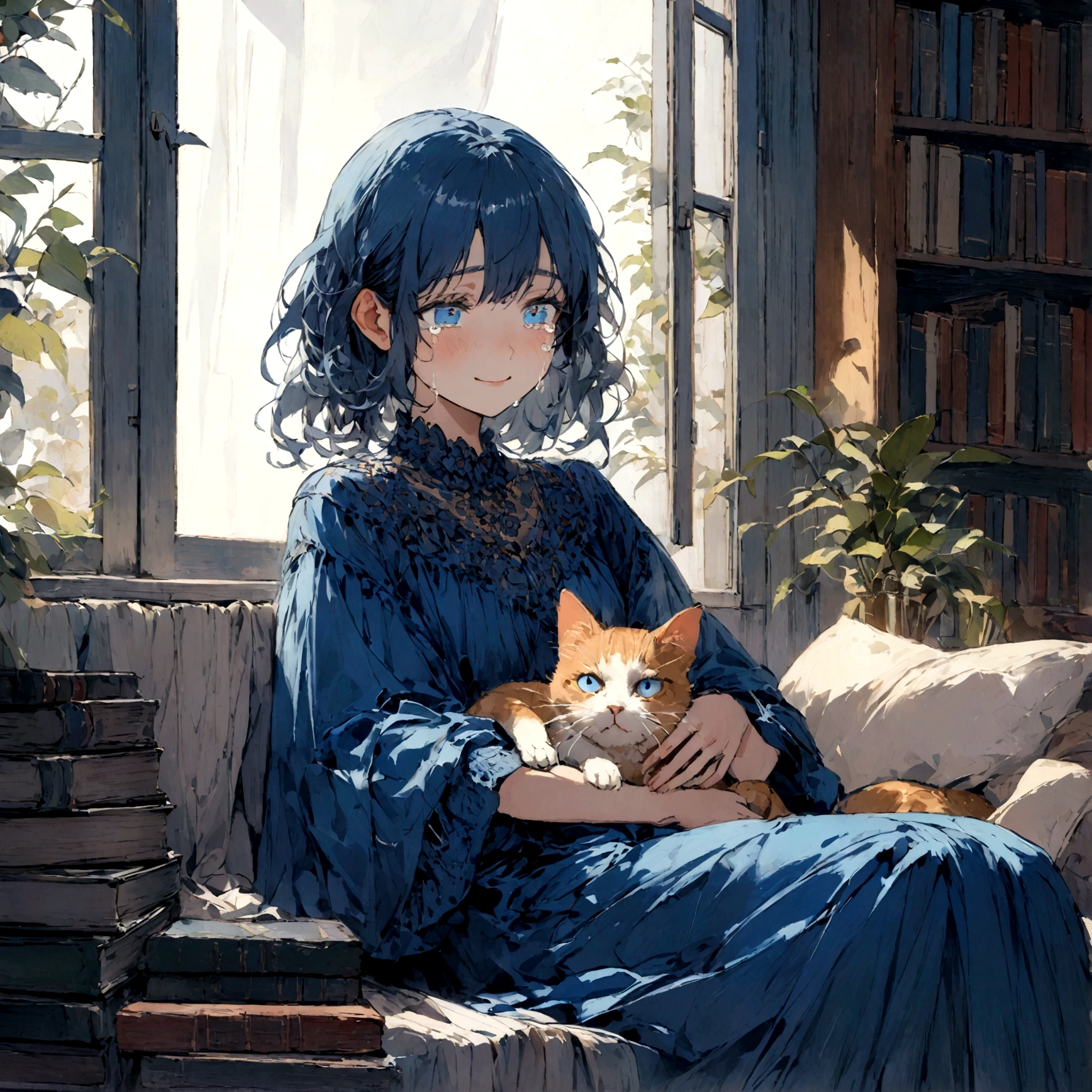 a sad female wearing a blue dress, silently crying on her bed though accepting it, in front of a moonlit window surrounded by books, has a smile on her face, modern setting, has cat on her lap, tears in her eyes