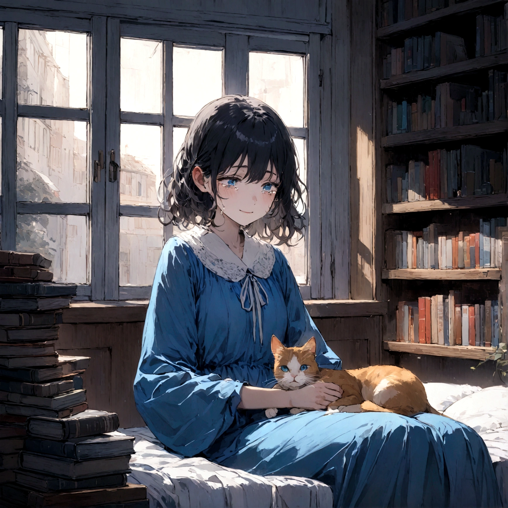 a sad female wearing a blue dress, silently crying on her bed though accepting it, in front of a moonlit window surrounded by books, has a smile on her face, modern setting, has cat on her lap, tears in her eyes